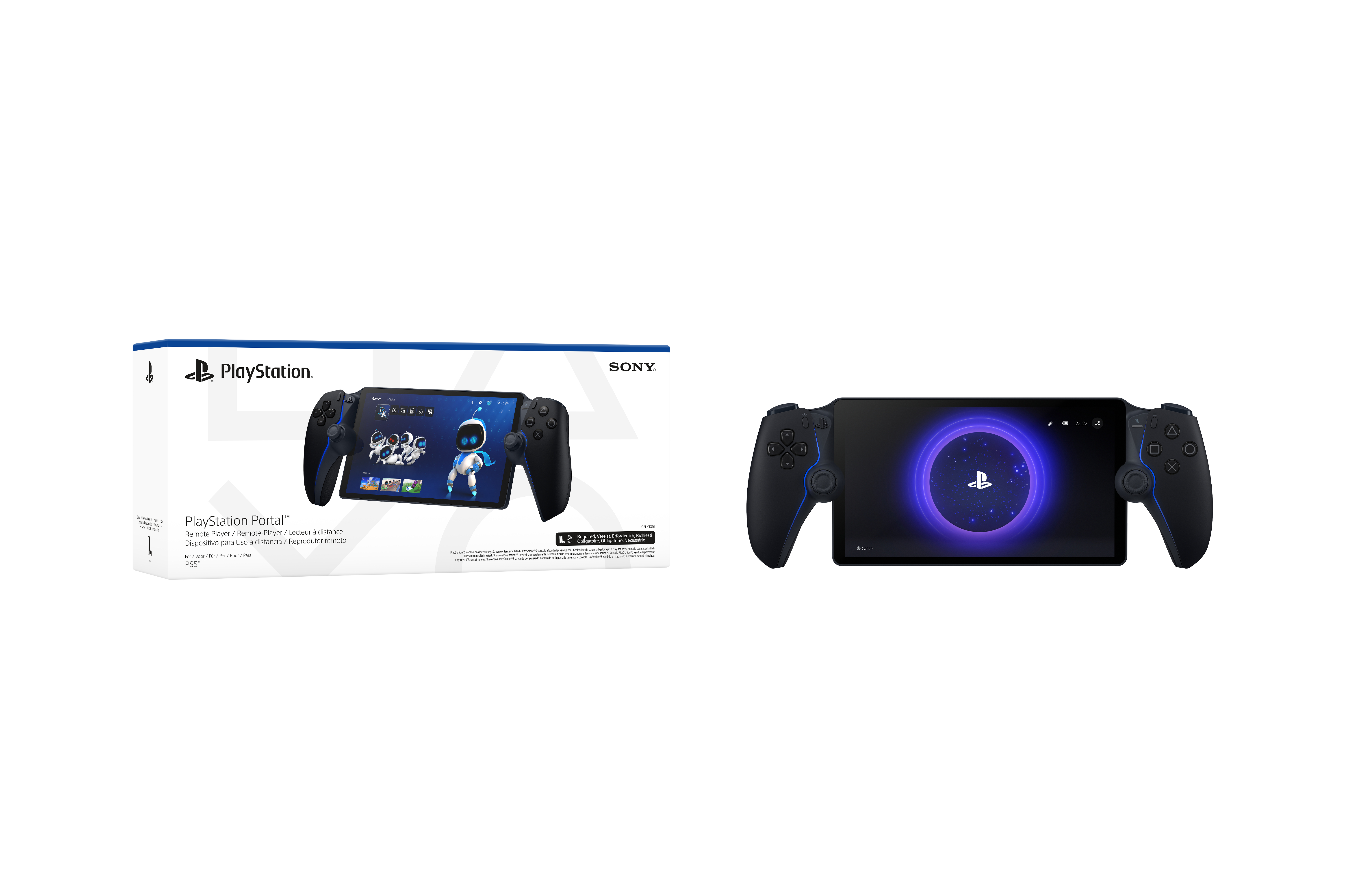 PlayStation Portal Box und Gerät, zeigt Gerätebildschirm und Controller-Design.