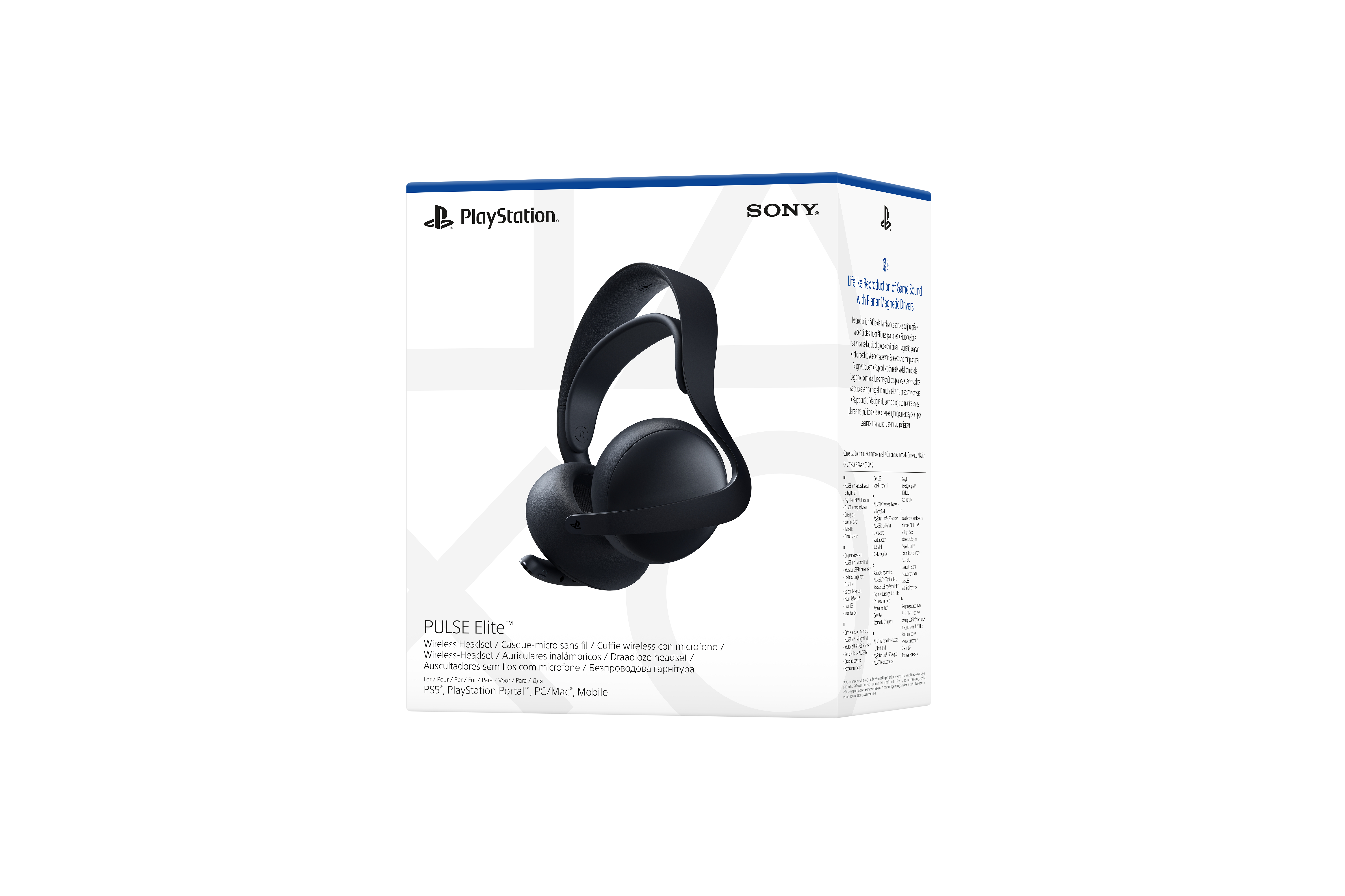 Eine weiße Schachtel mit einem schwarzen PlayStation-Headset und Text.