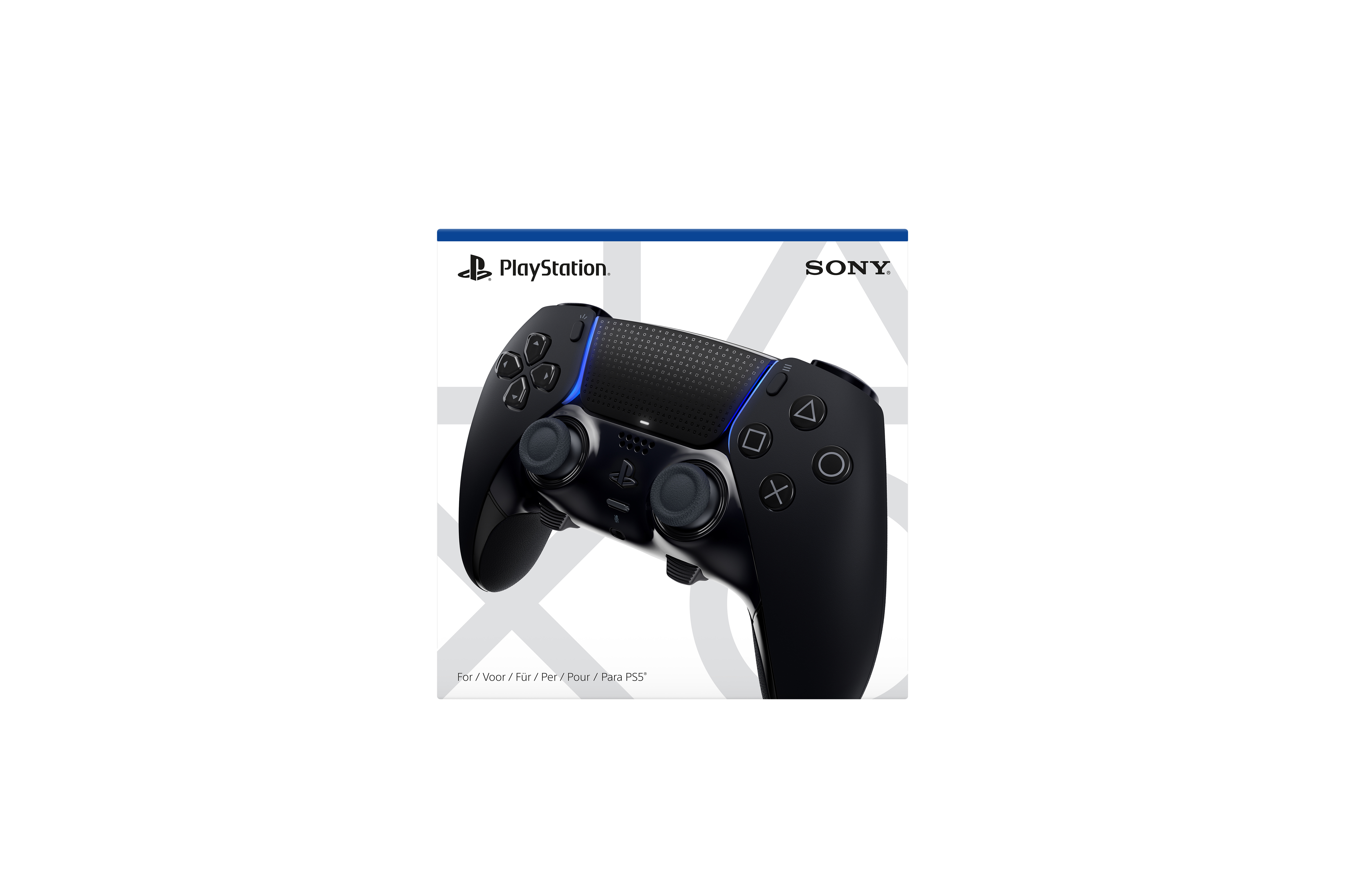 Ein schwarzer PlayStation-Controller mit blauen Lichtern. Das Sony-Logo ist oben links sichtbar.