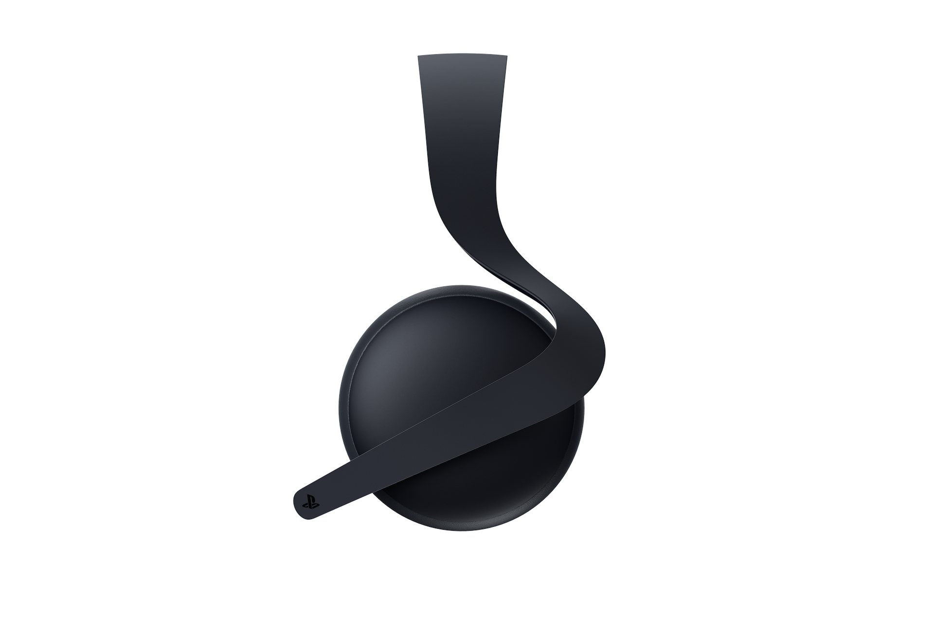 Schwarze Playstation-Kopfhörer vor weißem Hintergrund. Gebogenes Design.