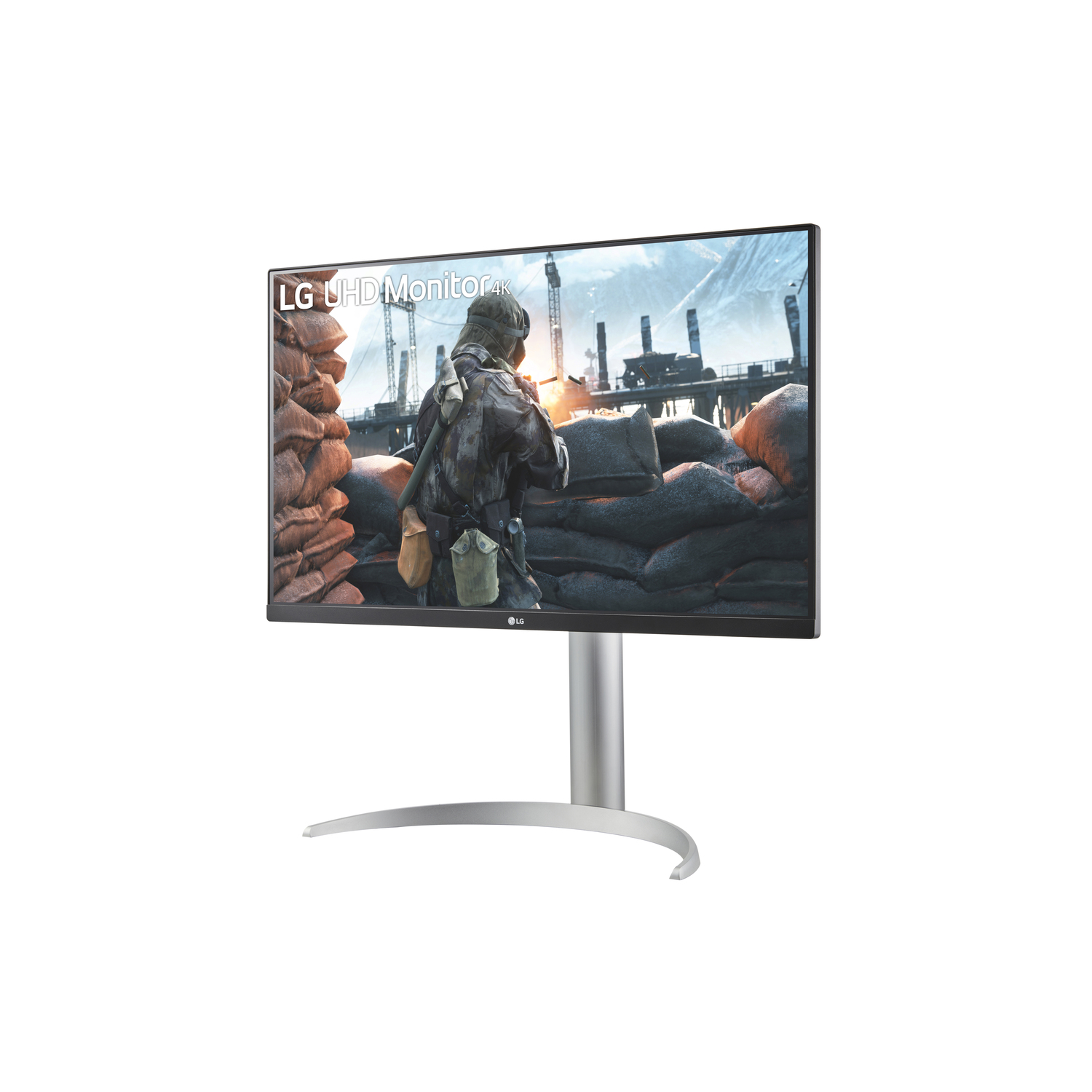 LG UHD Monitor 4K, a gaming scene on the screen. The monitor is on a silver stand, against a white backdrop.