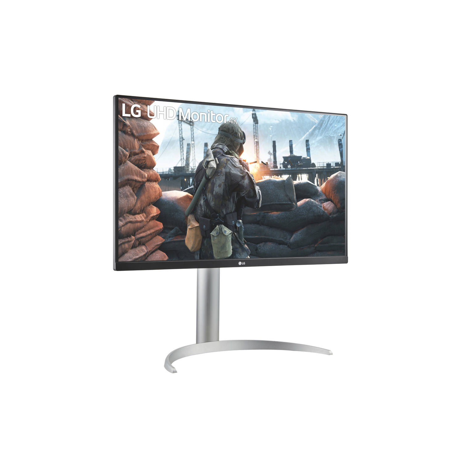 An LG UHD 4K monitor is on a white background with a war scene on display.