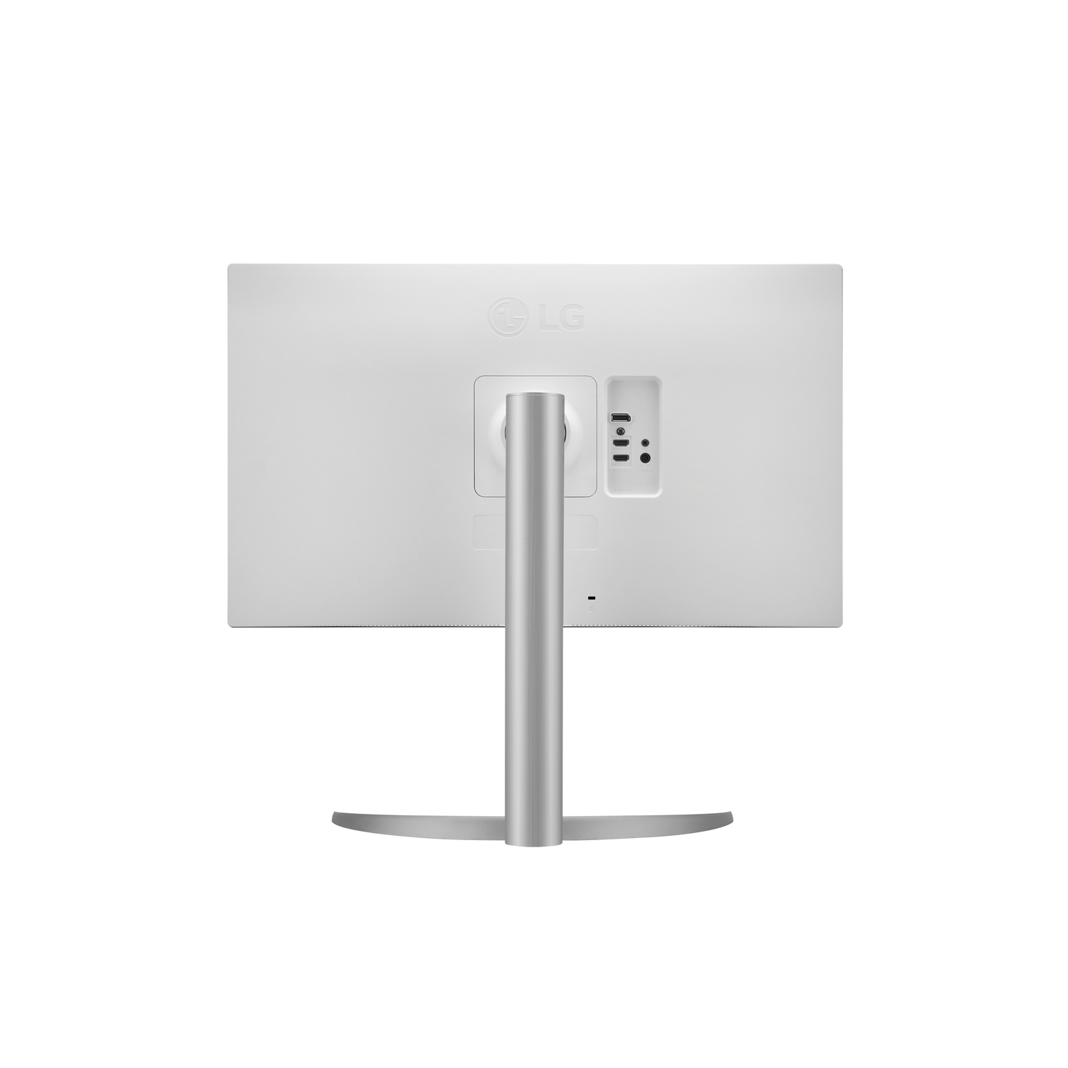 The back of a white computer monitor with ports and a stand.