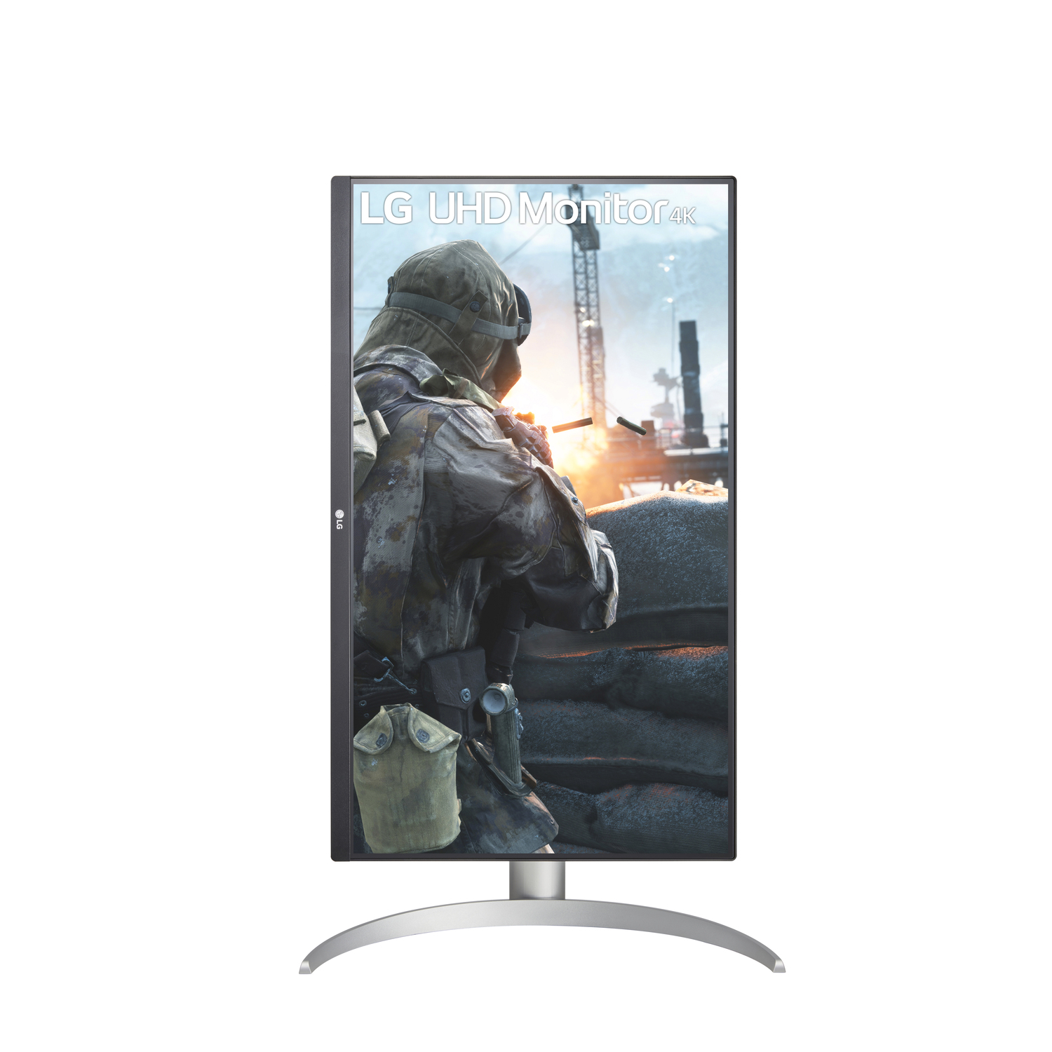 LG UHD Monitor 4K, a soldier in a gaming scene. The monitor is on a silver stand, against a white backdrop.