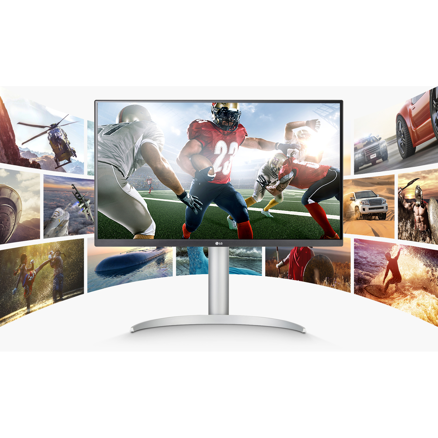 LG UHD Monitor 4K, shows a variety of images on the screen, against a white background.