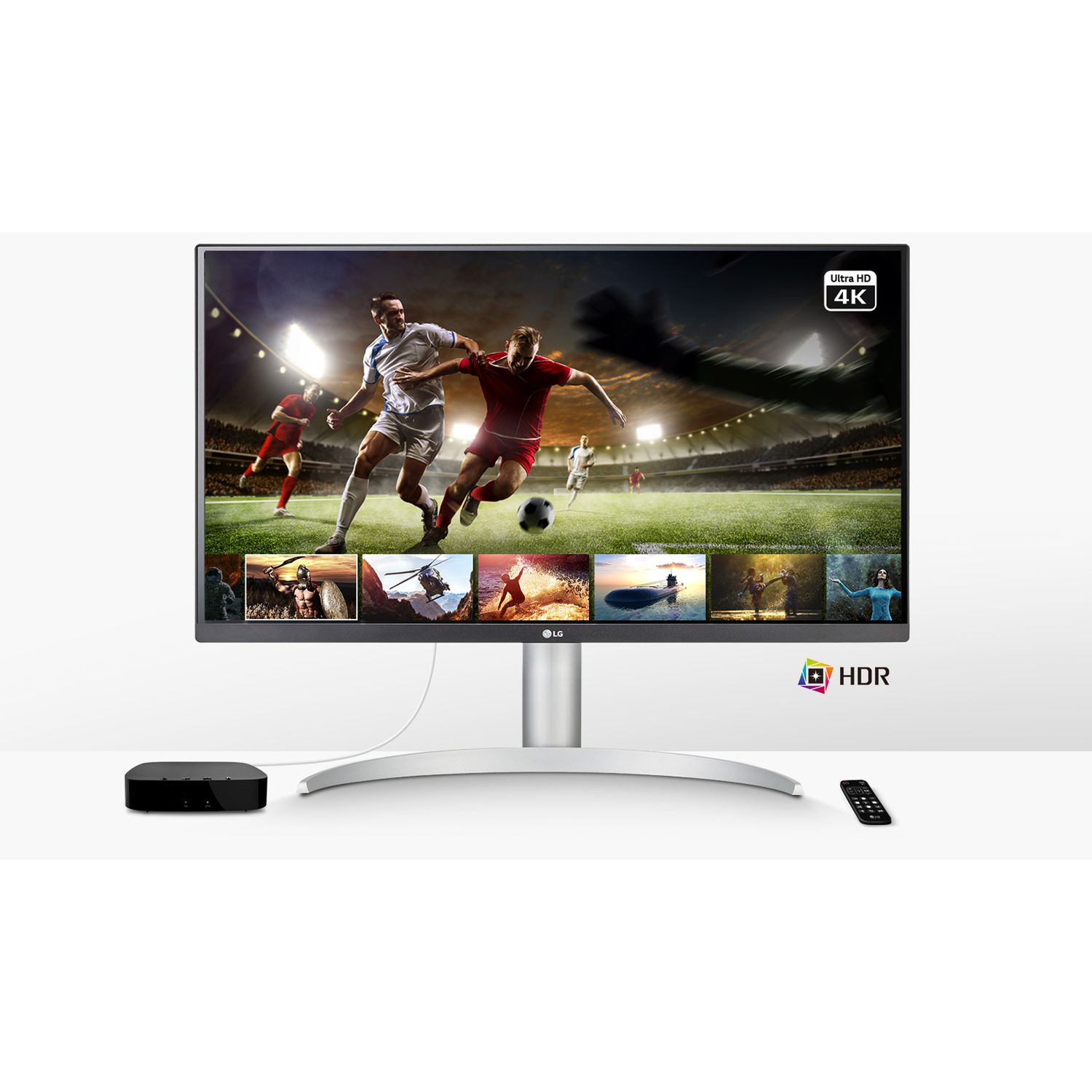 A 4K monitor displays a soccer match, with other sports and content previews.