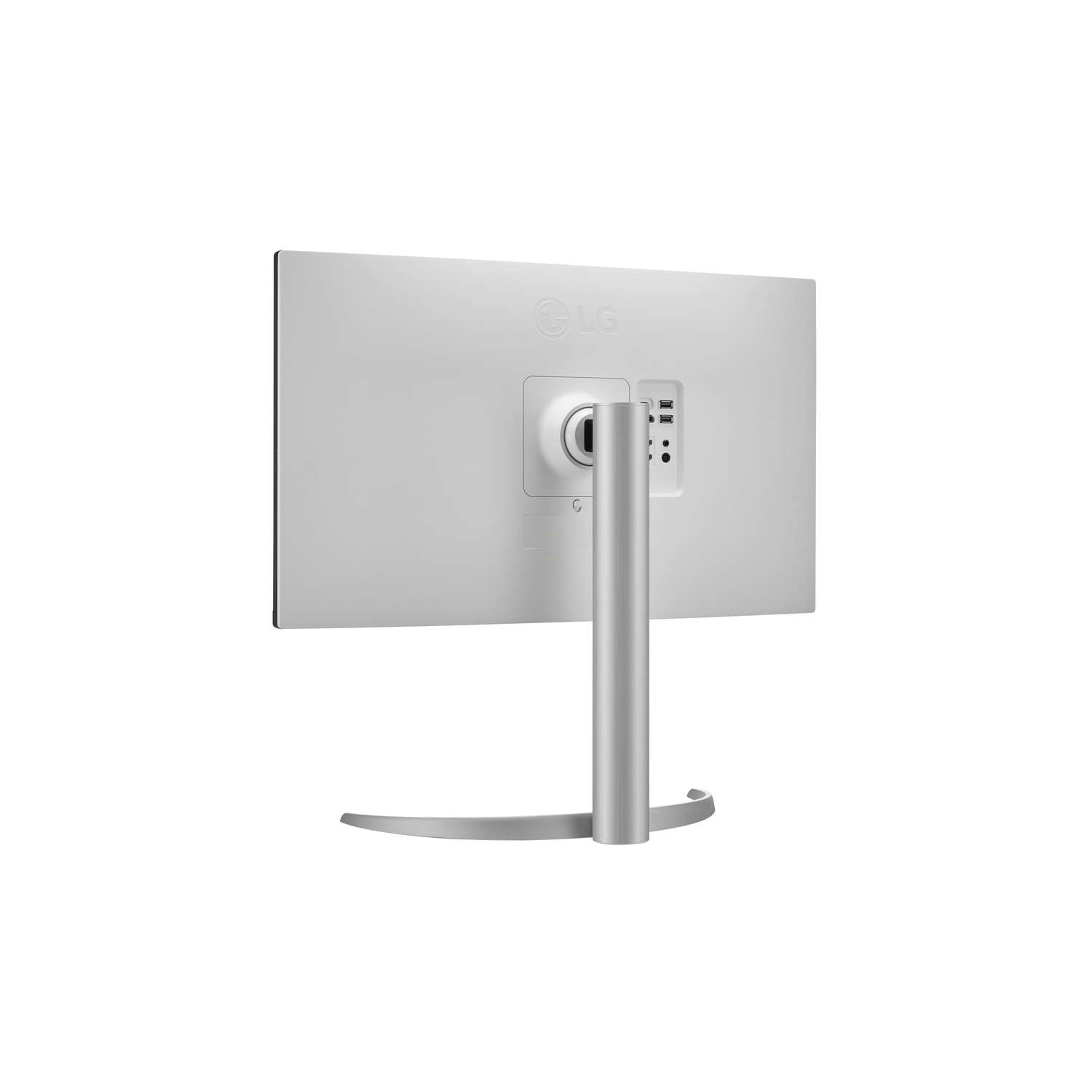 LG Monitor back view, silver stand, against white. Ports are visible, with an LG logo.