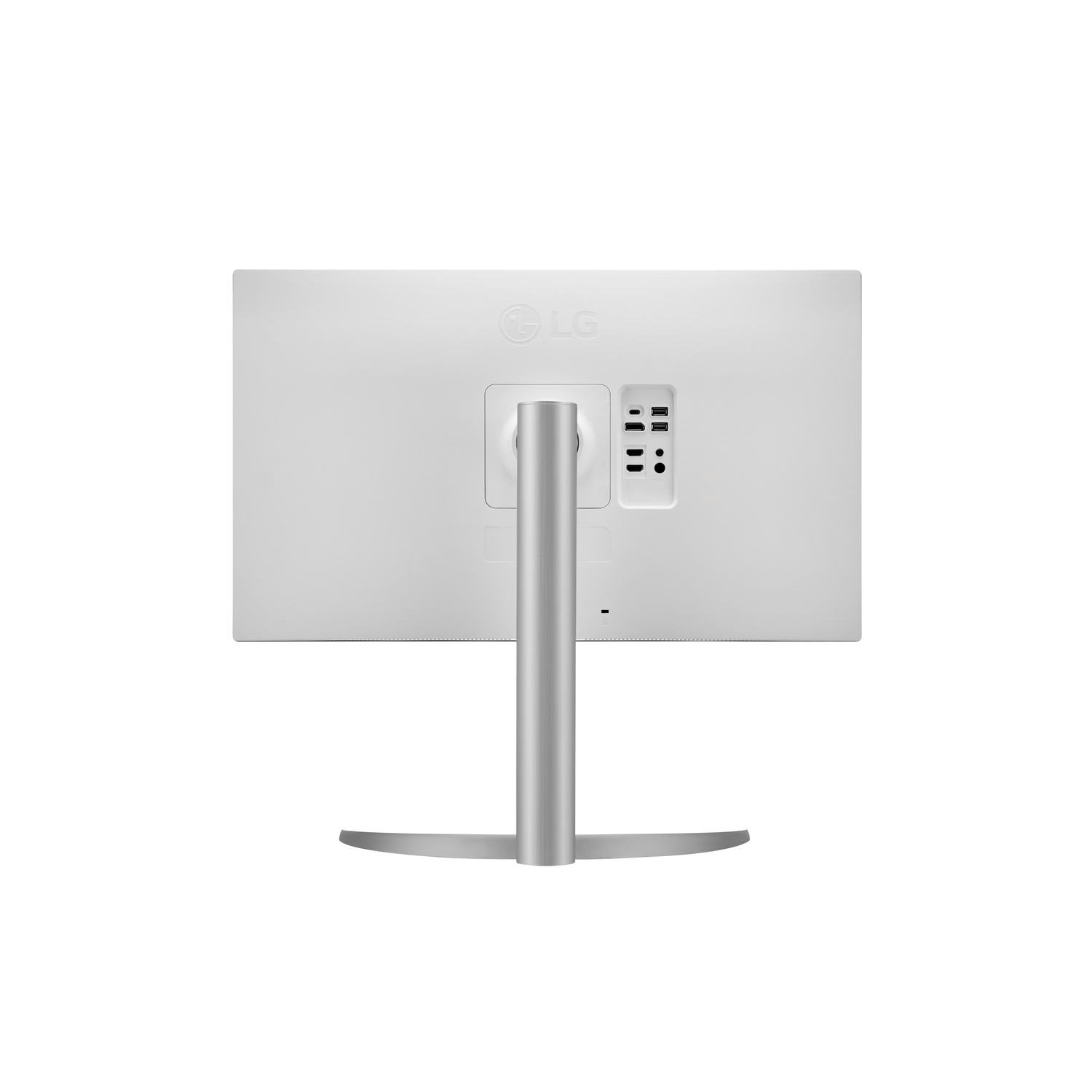 LG Monitor back view, silver stand, against white. Ports are visible, with an LG logo.