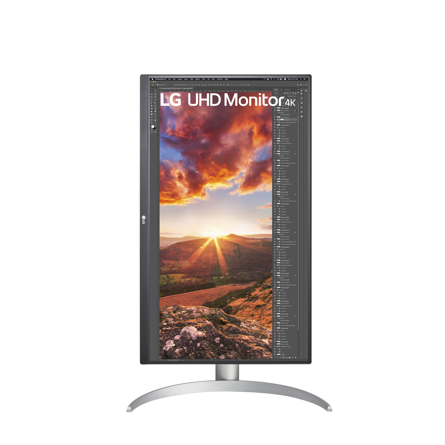 LG UHD Monitor 4k, displaying a photo editing interface with a landscape photo.