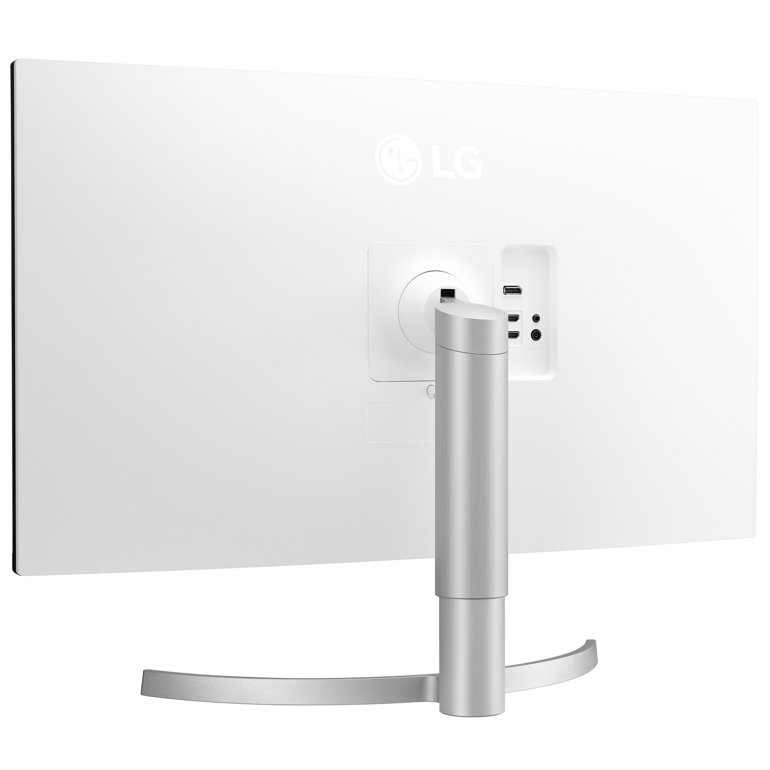 Vue arrière d'un moniteur LG blanc avec support argenté et ports.