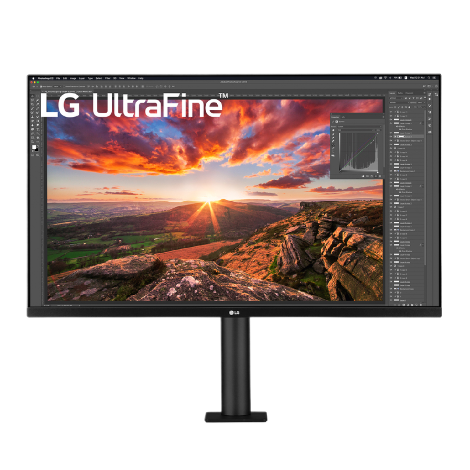 Écran LG UltraFine affichant une image, sur un pied noir.