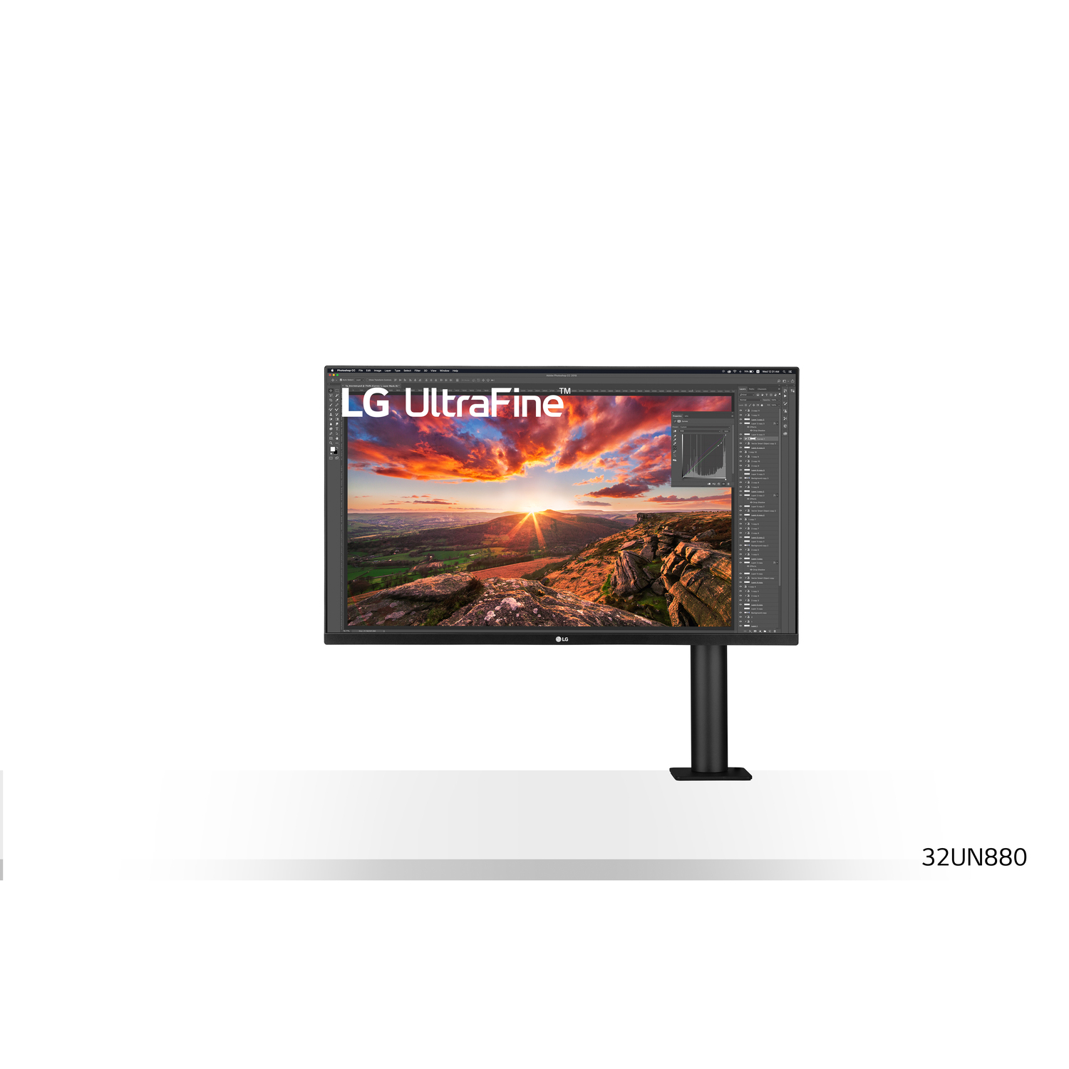 Moniteur LG UltraFine sur pied, affichant une photo de paysage. Support noir, fond blanc.