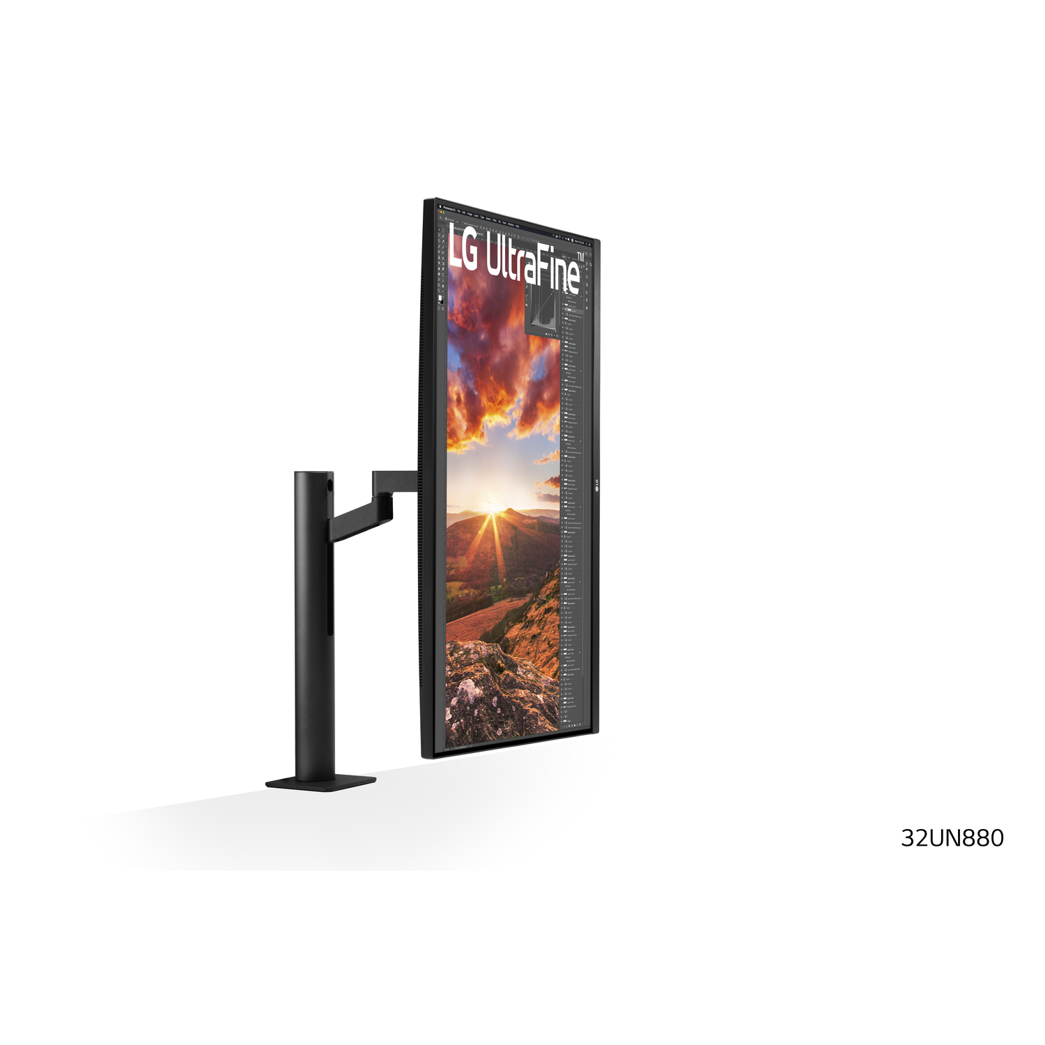 Moniteur LG UltraFine de côté, affichant une photo de paysage. Support noir, fond blanc.
