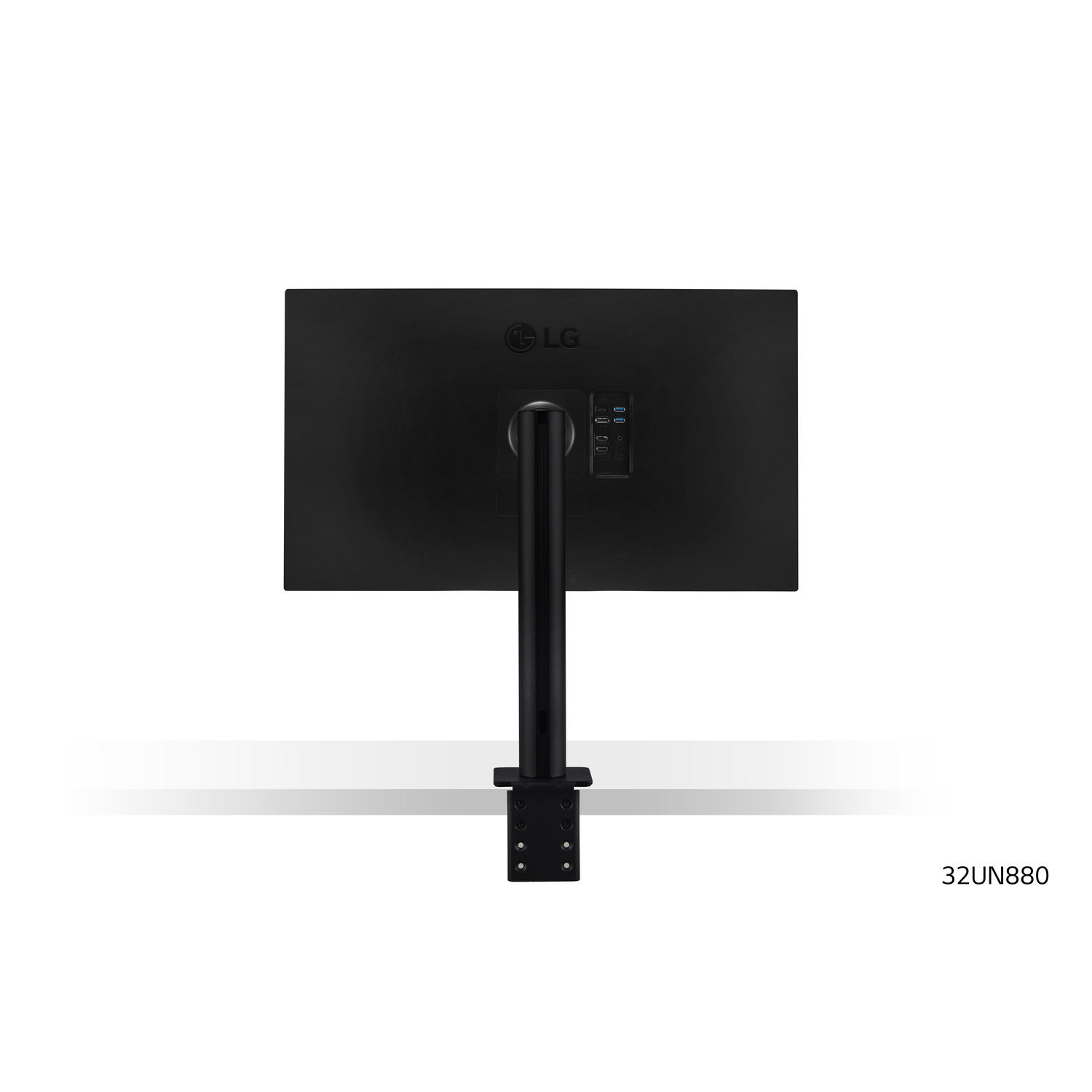 Arrière du moniteur LG UltraFine sur un support noir. Fond blanc.