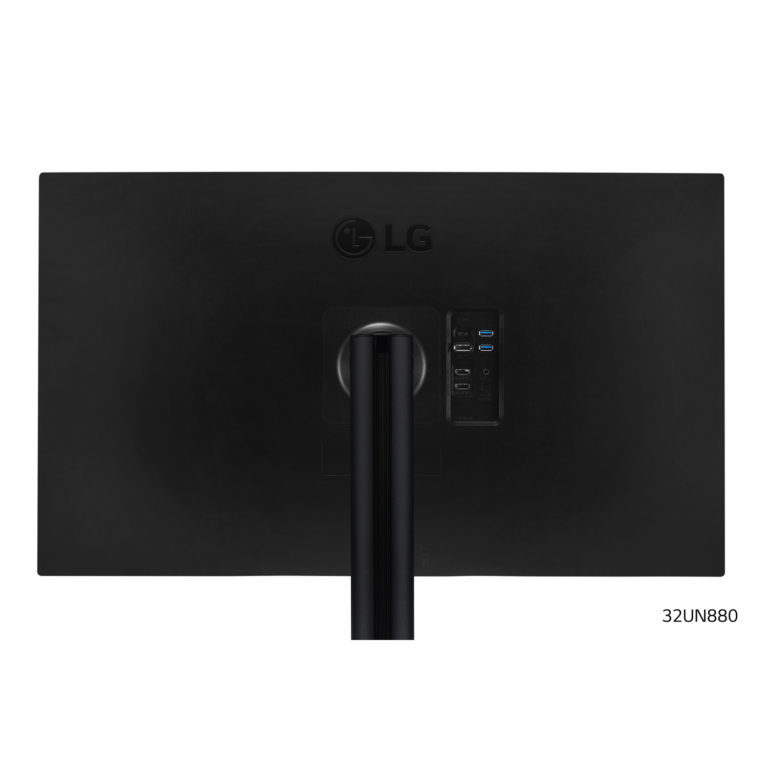 Gros plan de l'arrière d'un moniteur LG. Montre les ports et le logo. Fond noir.