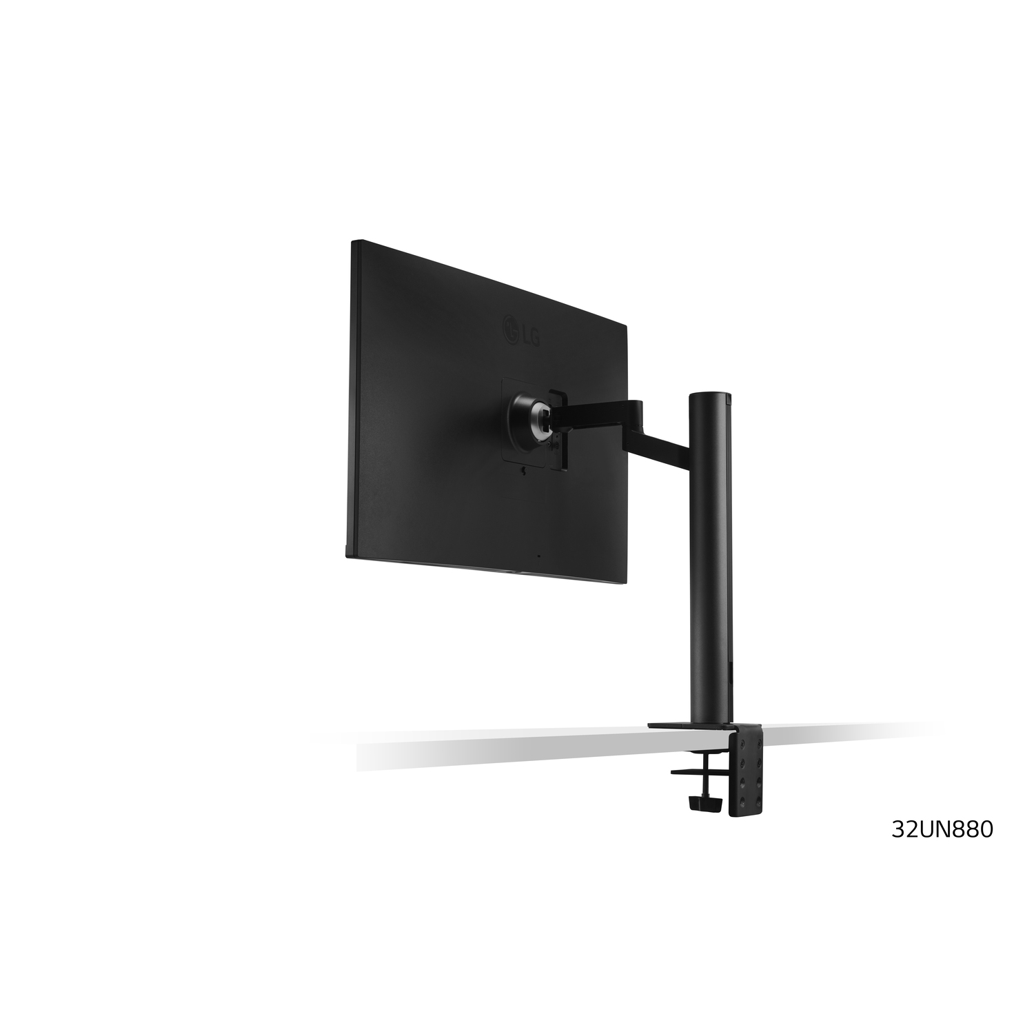 Bras de moniteur noir avec écran noir et logo LG, fixé à une surface blanche.