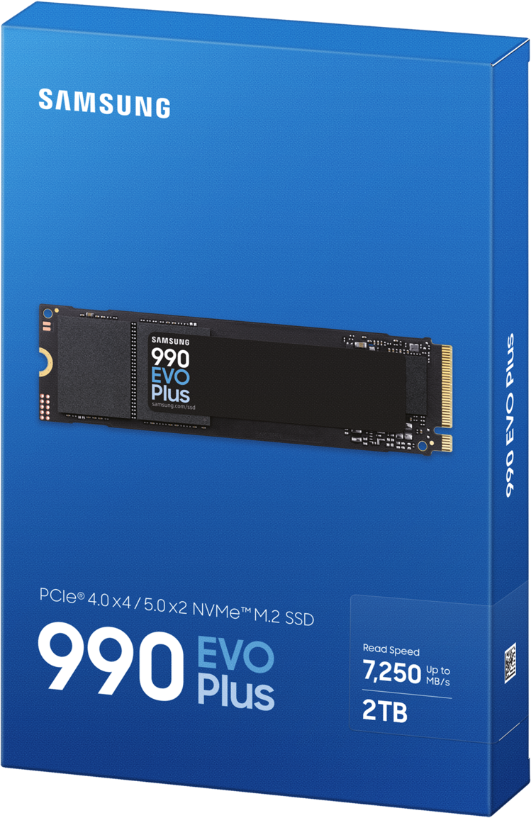 Une boîte bleue avec un SSD Samsung 990 EVO Plus. Montre le SSD et ses caractéristiques. Texte blanc.