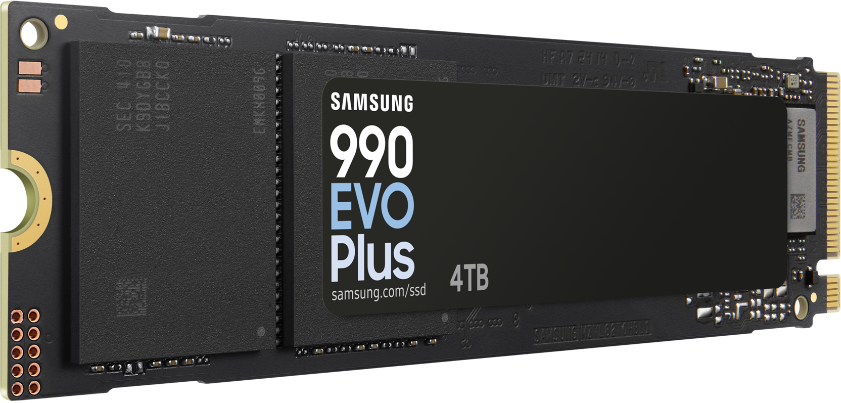 Samsung 990 EVO Plus 4TB SSD, schwarz, mit Etikett, Nahaufnahme.