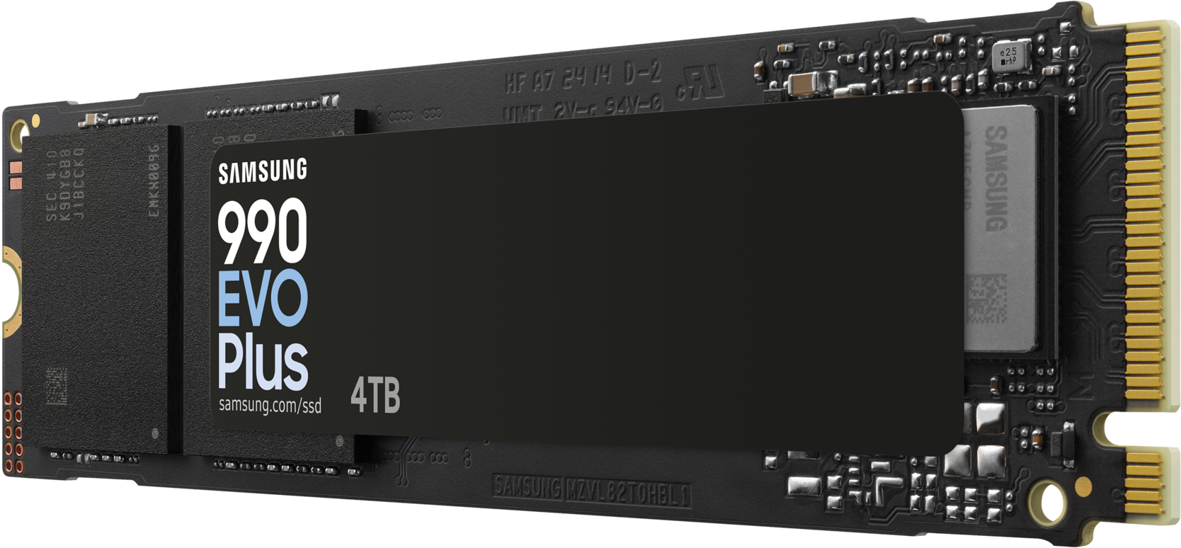 Eine schwarze Samsung 990 EVO Plus SSD. Sie hat den Markennamen, das Modell und die Kapazität.