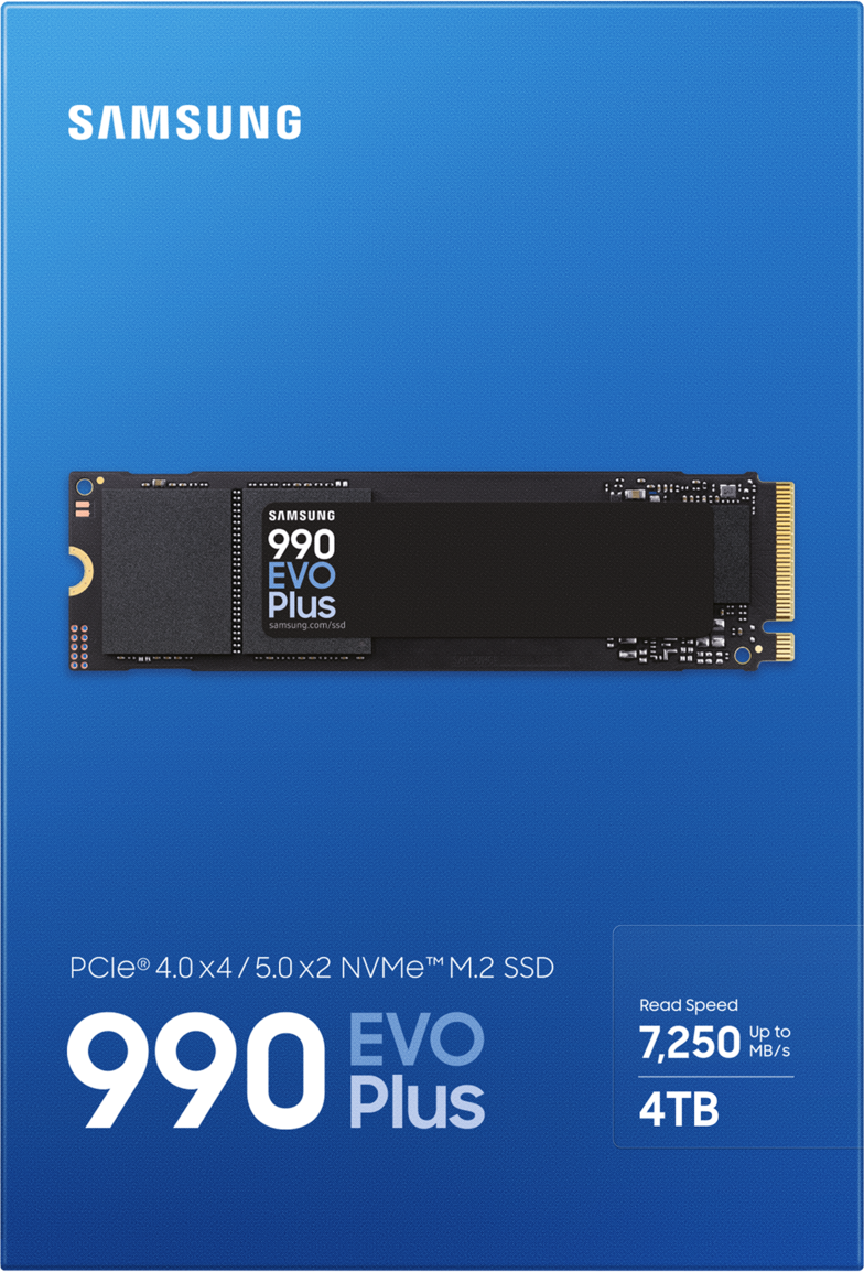 Samsung 990 EVO Plus SSD auf blauem Hintergrund. Weißer Text, 4TB Kapazität.