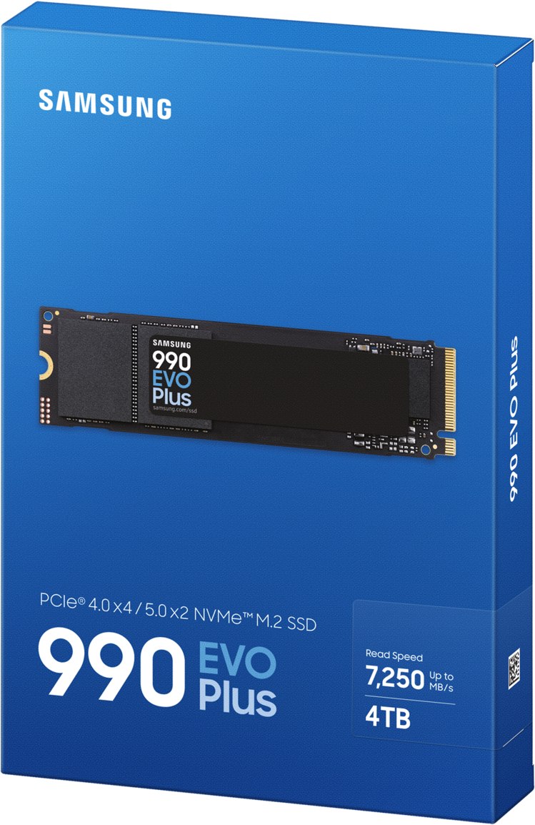 Blaue Box mit einer 990 EVO Plus SSD und Text.