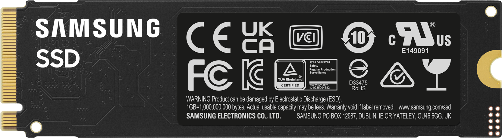 Samsung SSD Details, Schwarz und Weiß. Logos, Text über Garantie und Konformität.