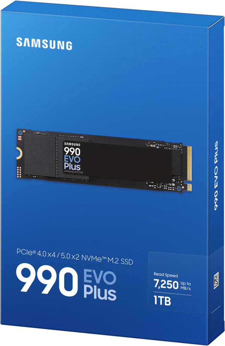 Blaue Box mit Samsung SSD. Die SSD befindet sich in der Mitte der Box, Markenname und Spezifikationen werden angezeigt.
