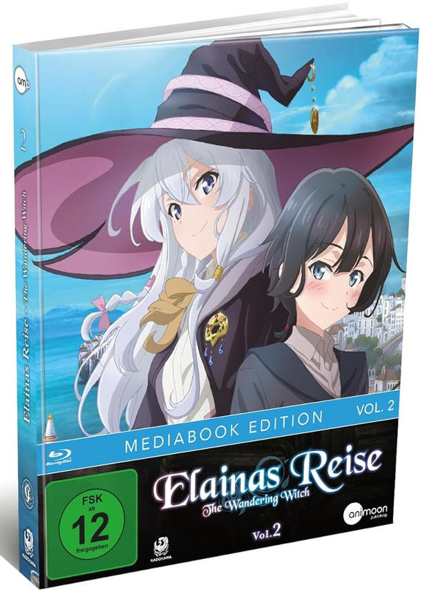 Anime-DVD-Cover: Elaina die wandernde Hexe, mit zwei weiblichen Charakteren auf dem Cover, in einer Landschaft.