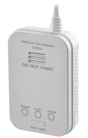 Biały detektor gazu metanowego z przyciskami i przewodem. Tekst: Detektor gazu metanowego, Nie malować.