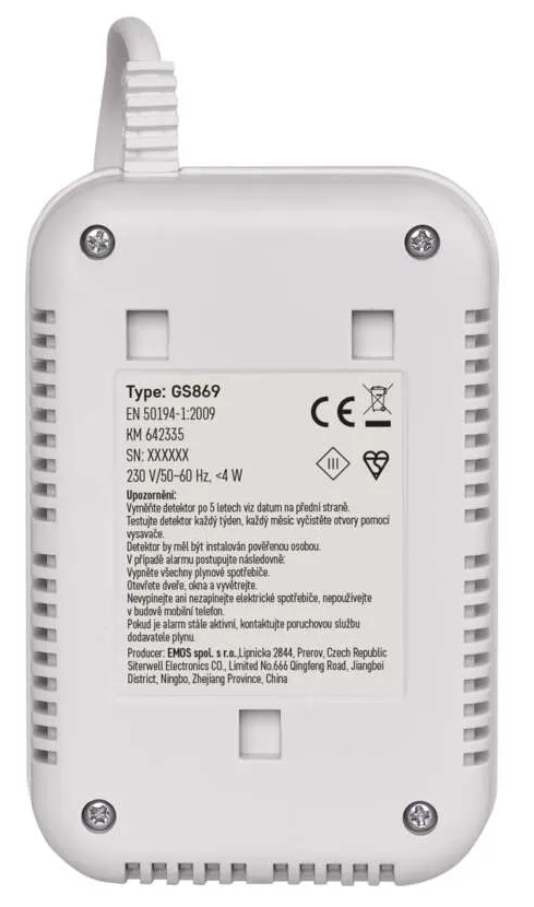 Biała czujka dymu z tekstem.