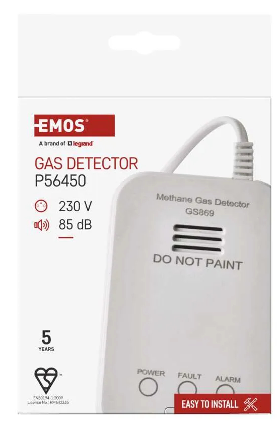 Biały detektor gazu z białym kablem, czarnym napisem i czerwonym logo EMOS na białym tle.