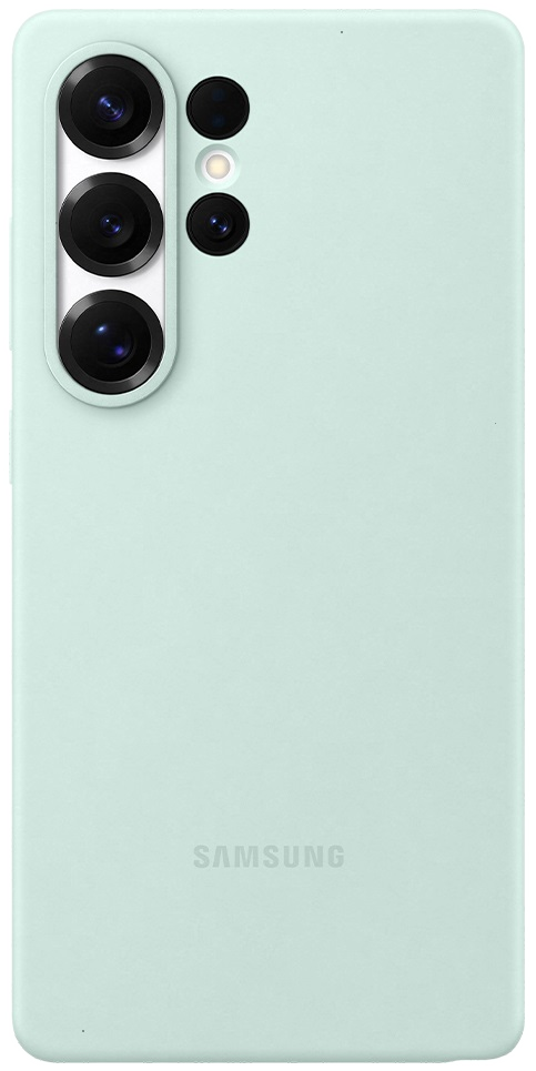 Zielony telefon komórkowy Samsung z trzema aparatami i lampą błyskową. Białe tło.