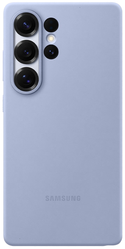 Jasnoniebieski tył smartfona z trzema obiektywami, lampą błyskową i logo Samsung.