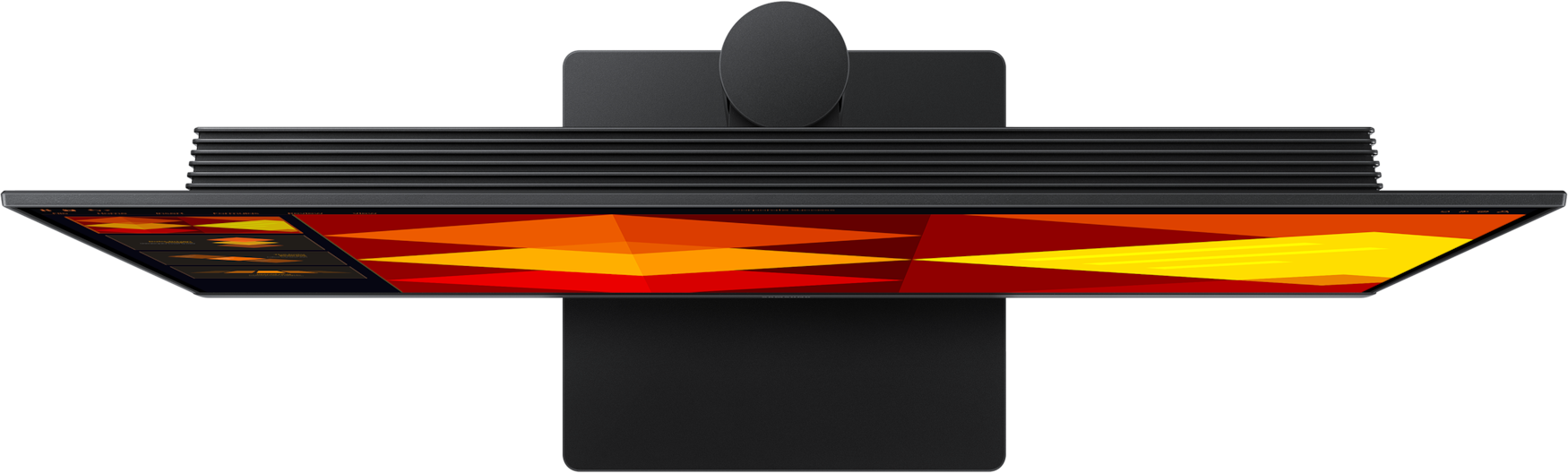Vue de dessus du moniteur, noir, avec un écran affichant un design abstrait orange et rouge.