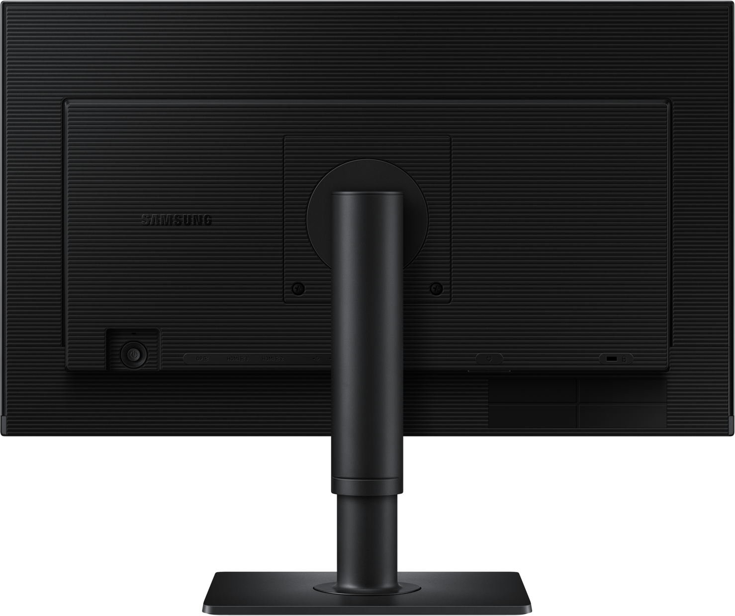 L'arrière d'un moniteur Samsung noir avec un pied central et divers ports d'entrée.