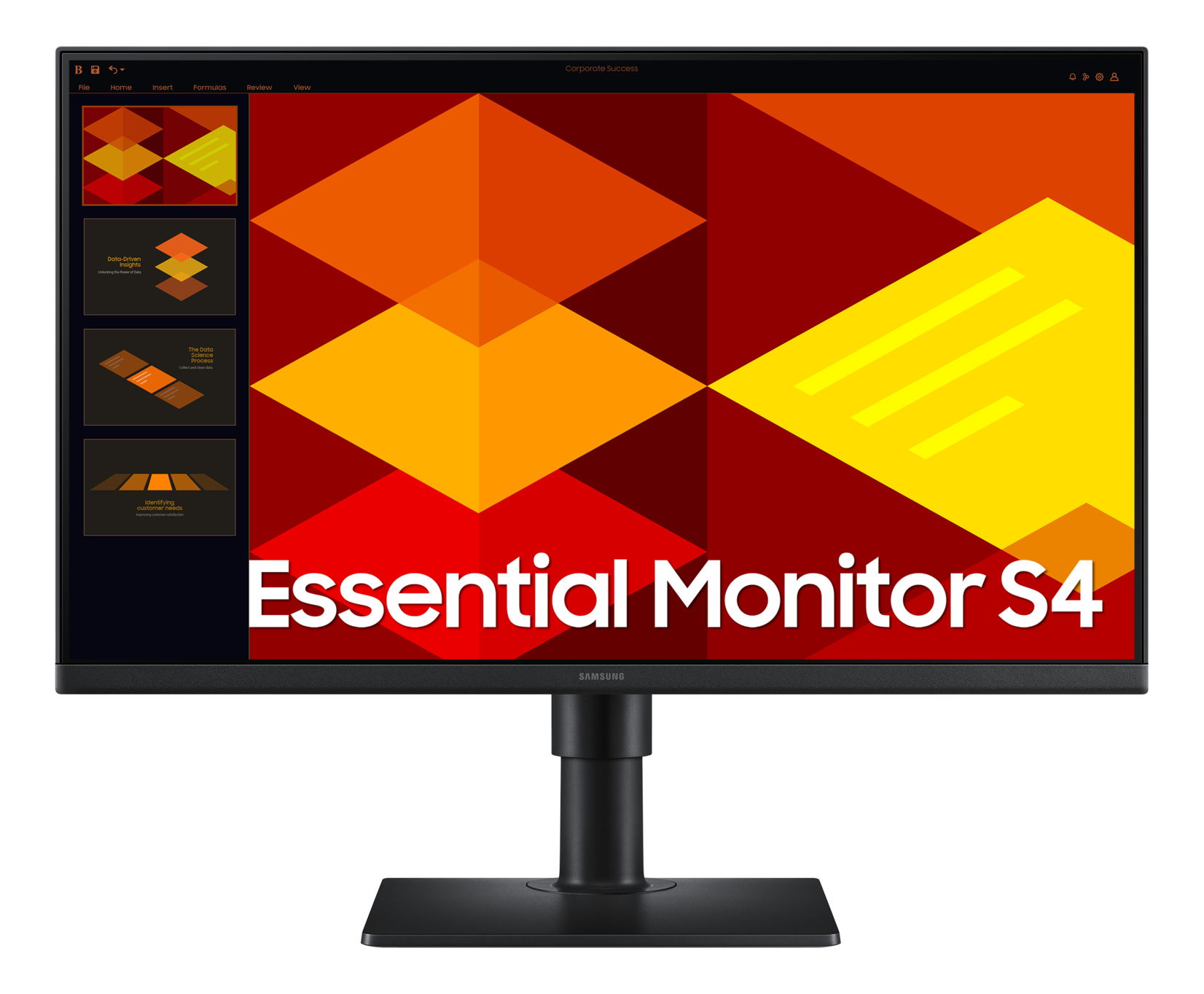 Un moniteur Samsung noir affichant une présentation avec des formes géométriques.
