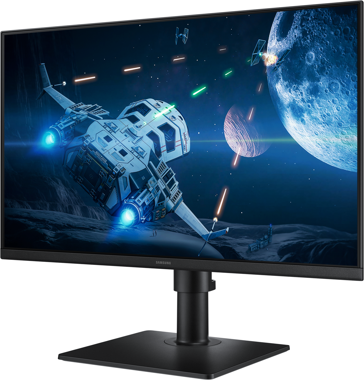 Moniteur avec une scène de bataille de vaisseau spatial.