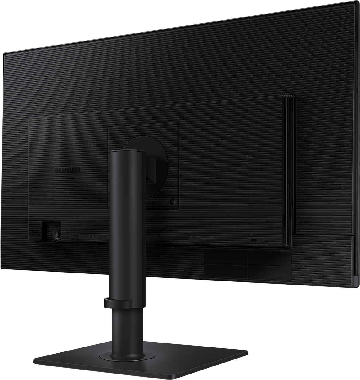 L'arrière d'un moniteur noir, montrant les ports, un support et le logo Samsung.