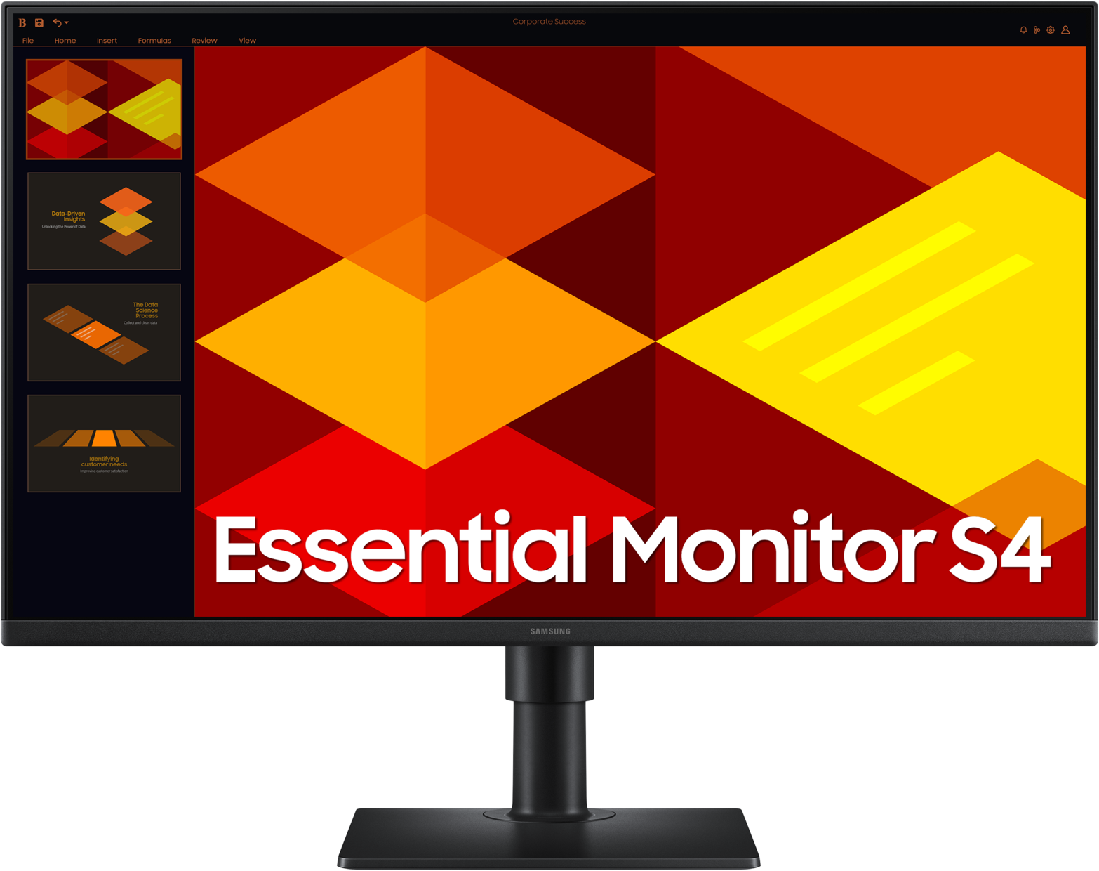 Un moniteur Samsung affichant une présentation. Support noir. Graphiques rouges, oranges, jaunes.