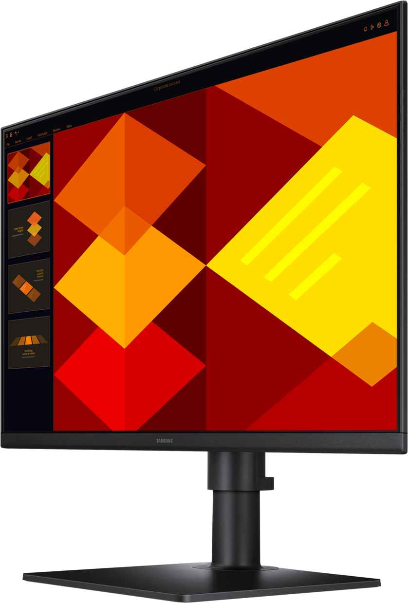 Un moniteur noir affiche un motif géométrique coloré avec de l'orange et du rouge.