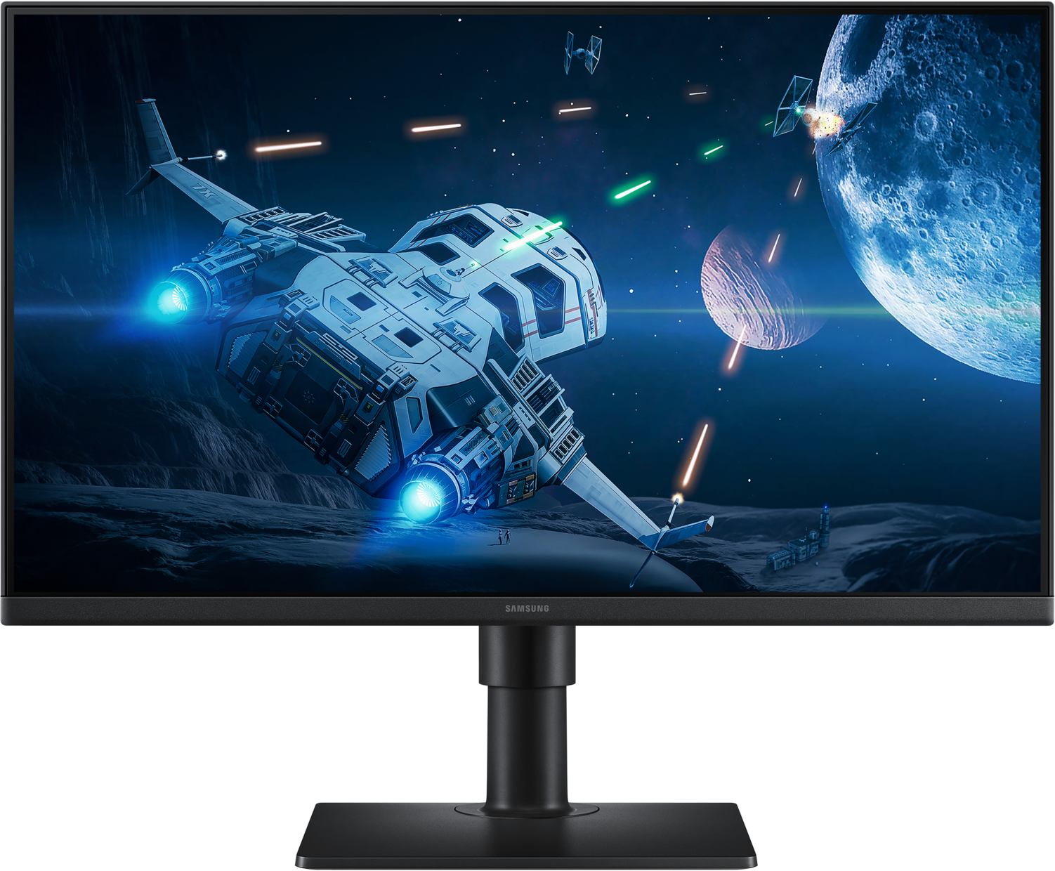 Un moniteur d'ordinateur affichant une scène de bataille spatiale.