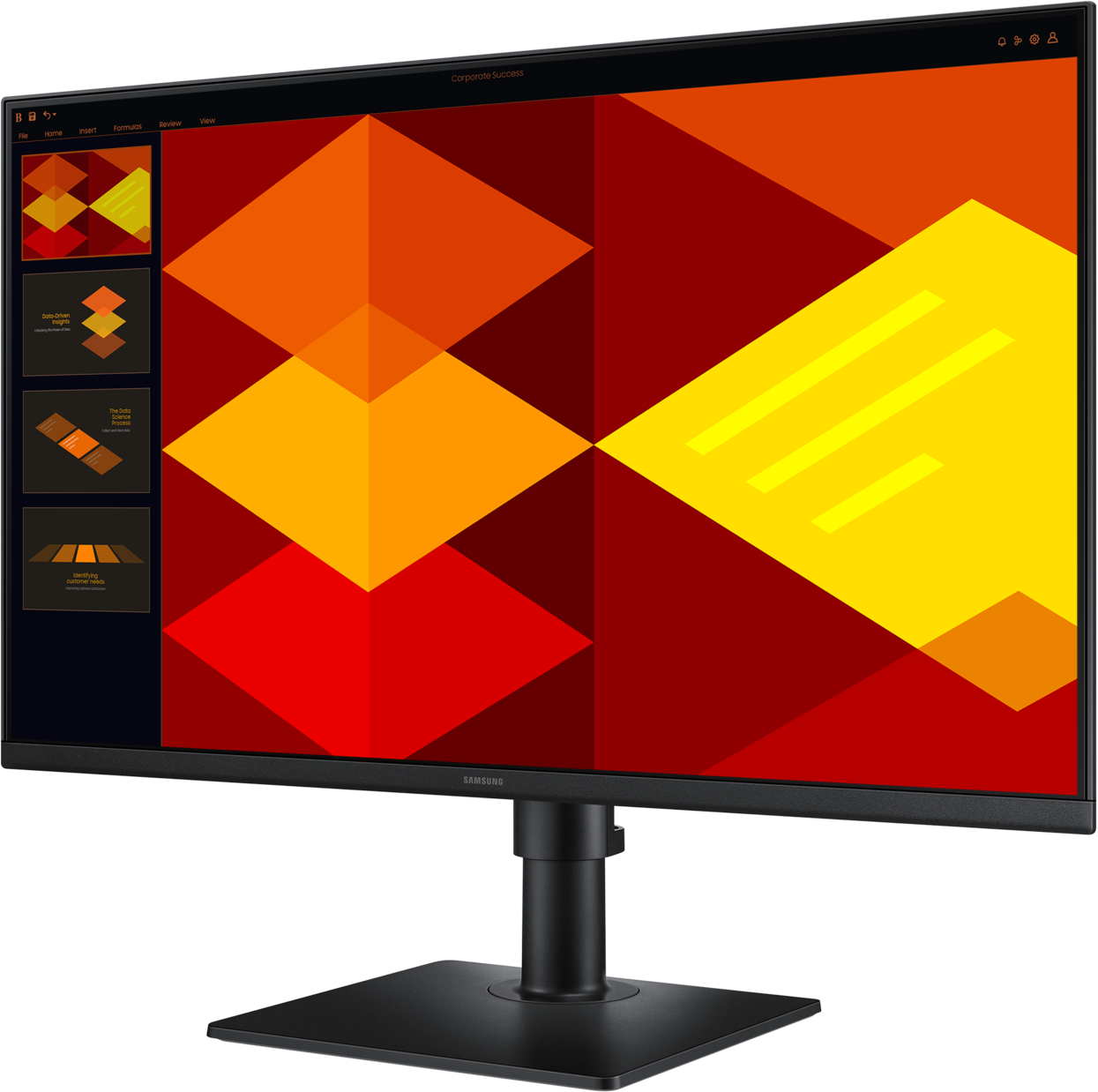 Un moniteur noir en angle, montrant le support et l'écran avec une légère inclinaison.