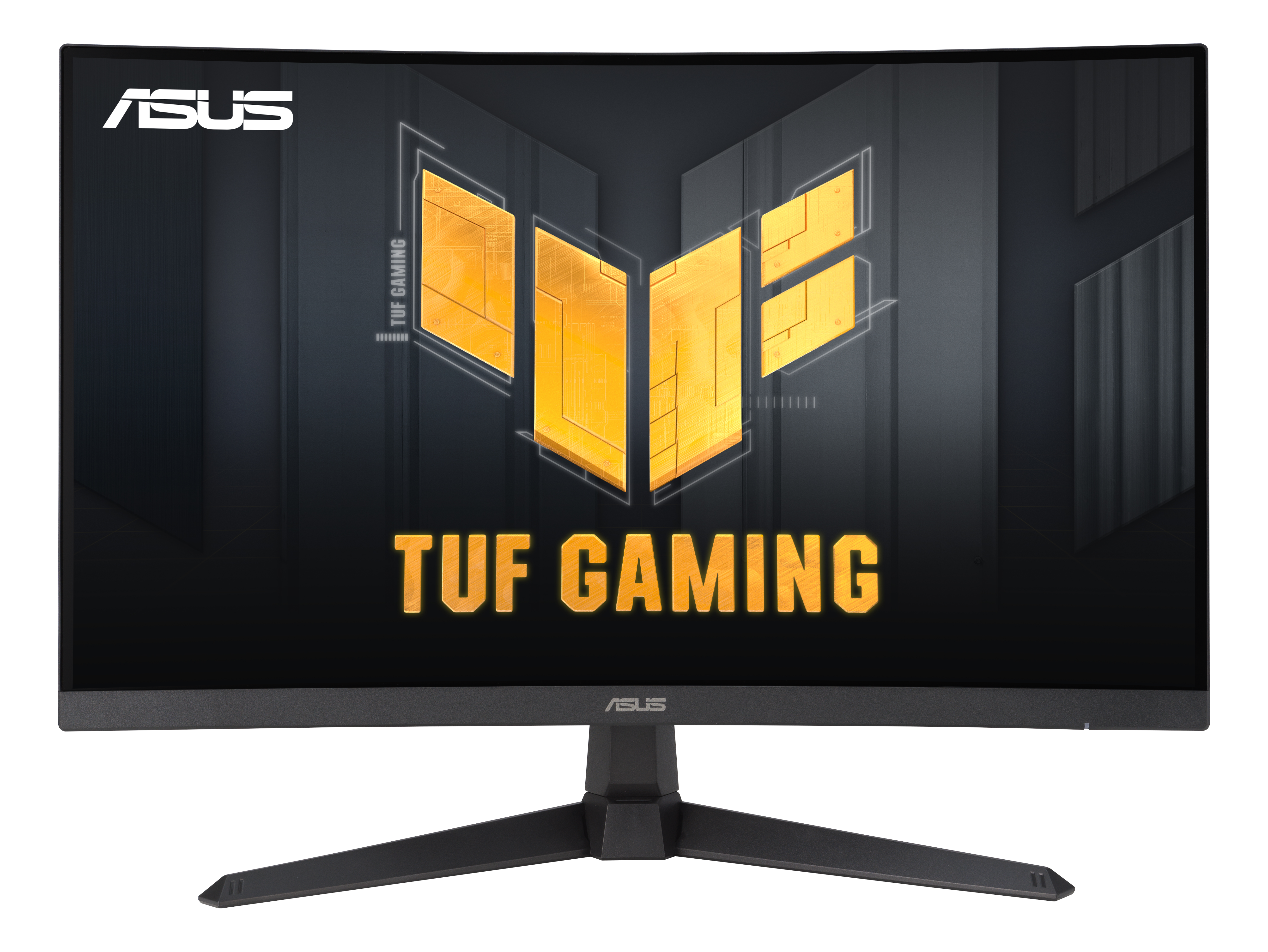 Schwarzer, gebogener Monitor, ASUS TUF GAMING Logo, gelbes Design.