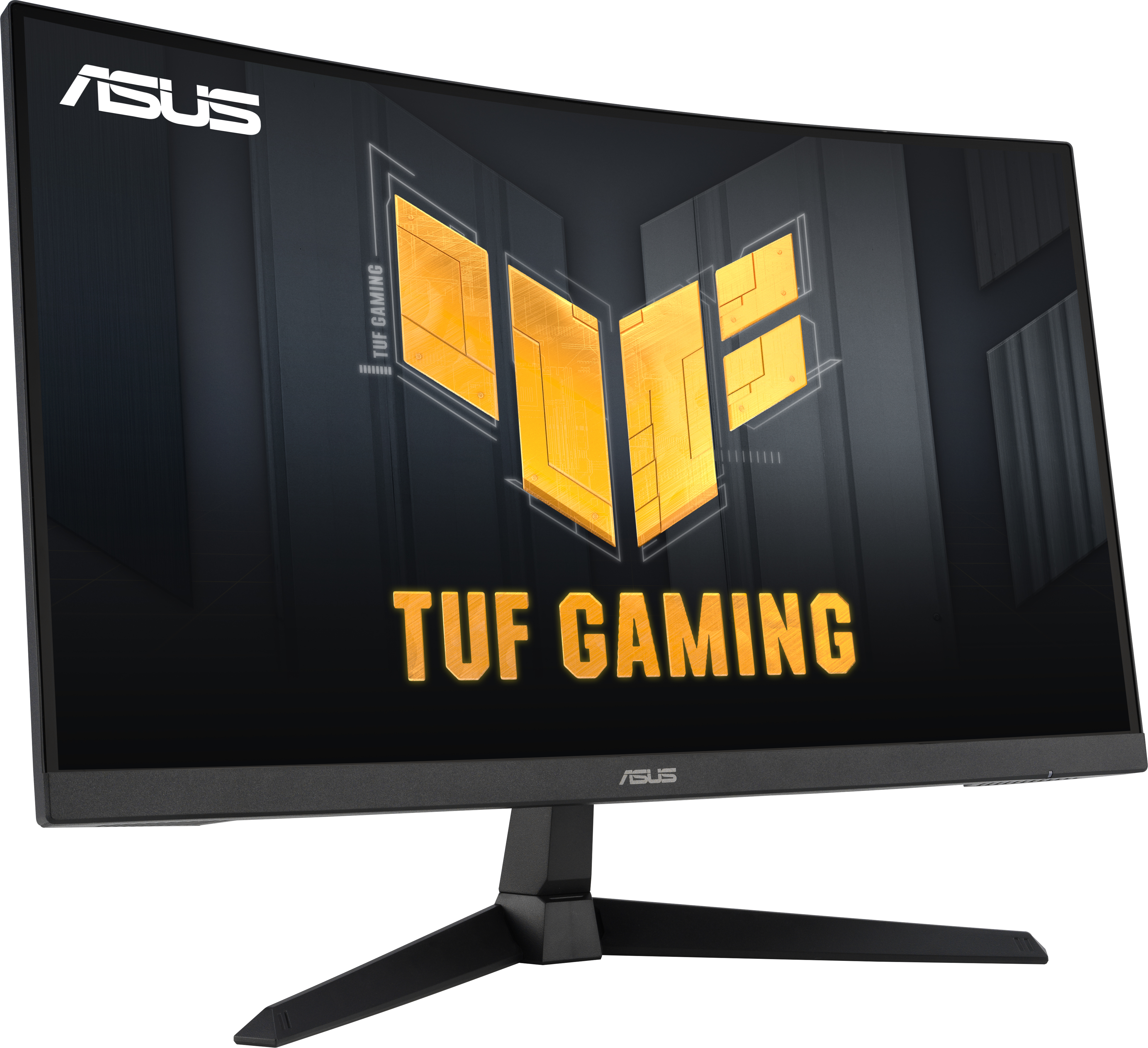 Moniteur ASUS TUF Gaming noir incurvé affichant un graphique coloré, sur un support.