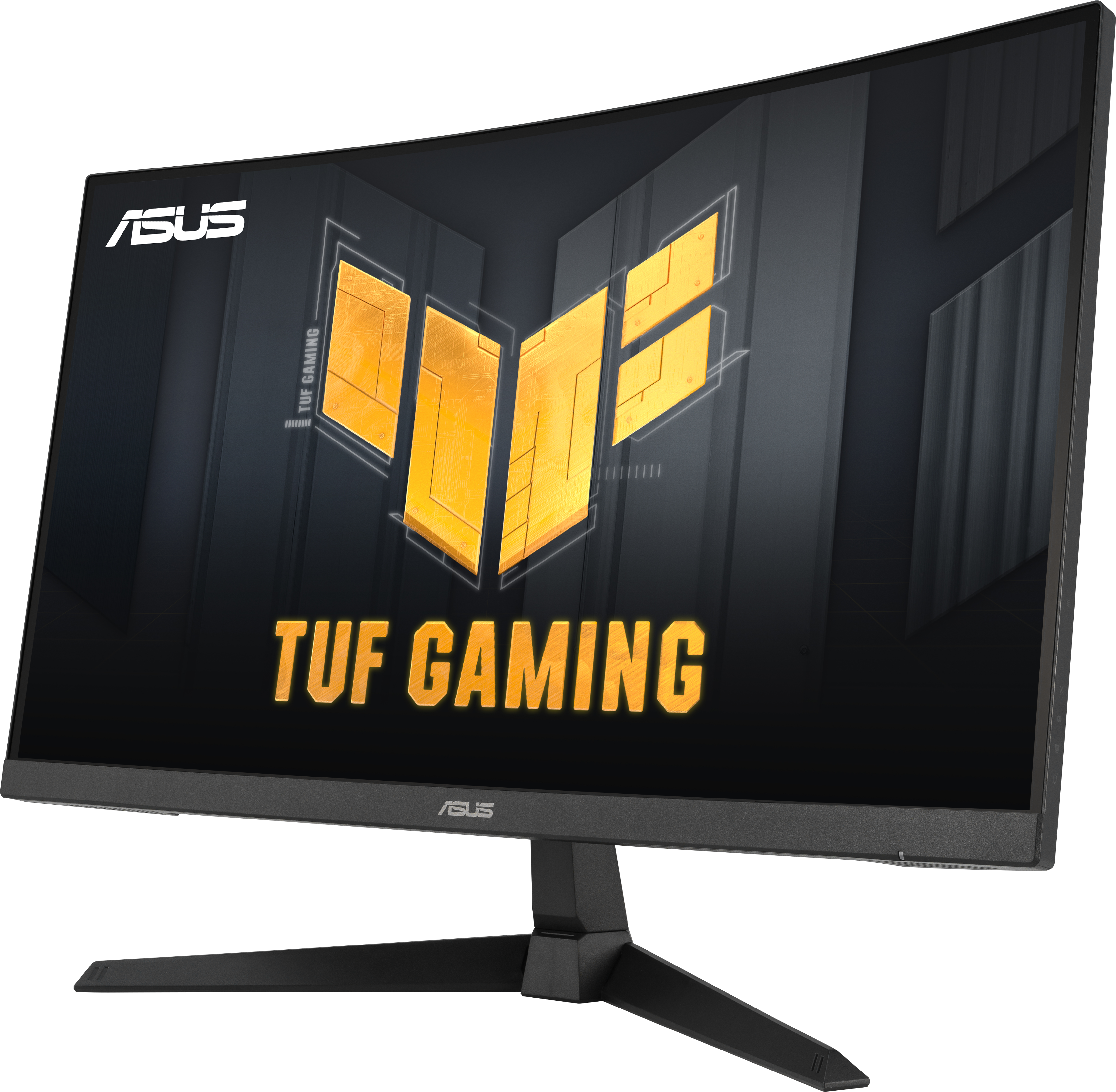 Moniteur de jeu incurvé. Affiche le logo ASUS TUF GAMING et un design stylisé de couleur or.