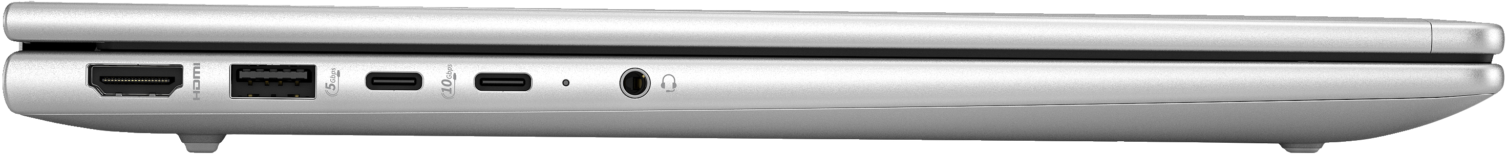Seitenansicht eines silbernen Laptops mit Anschlüssen: HDMI, USB, USB-C, Audioanschluss. Geschlossen.