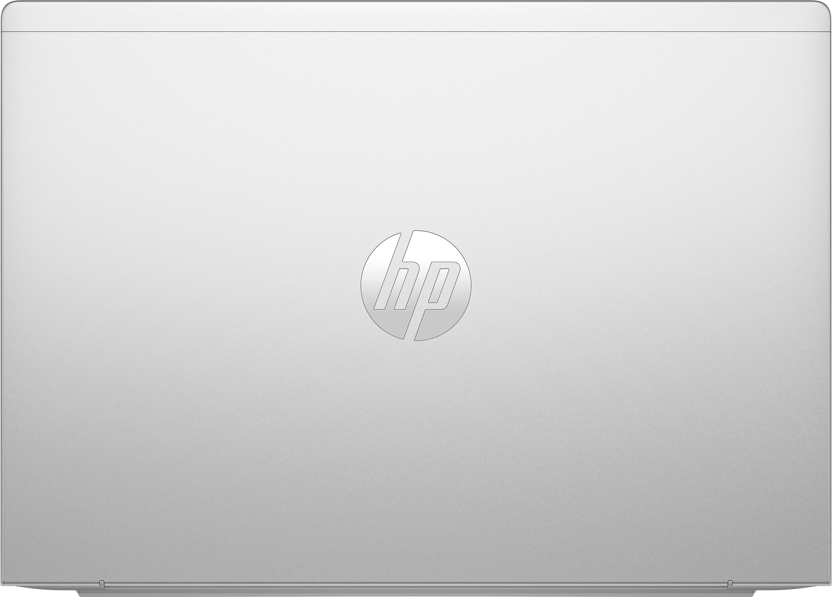 Draufsicht auf einen silbernen Laptop mit dem HP-Logo darauf.