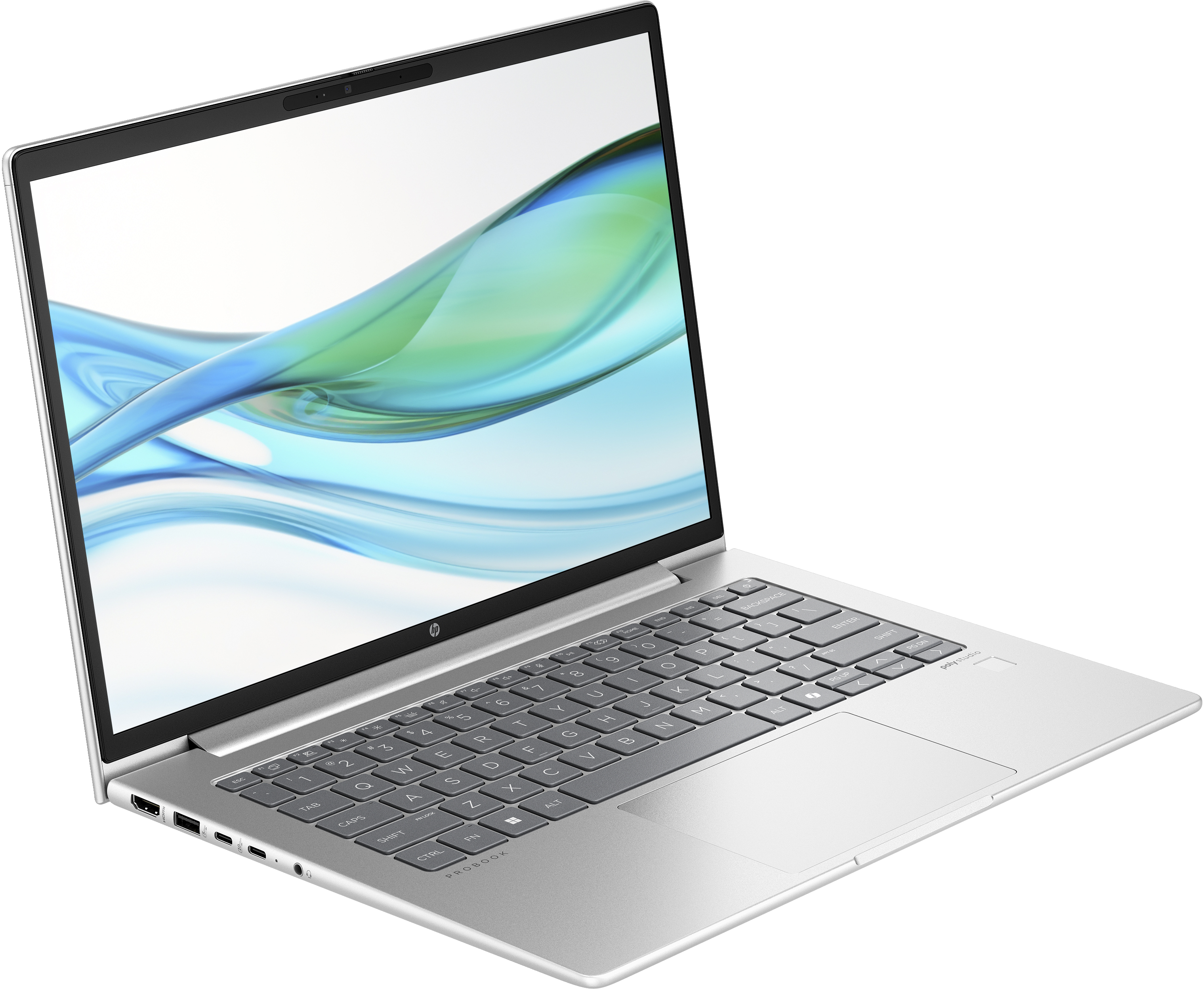 Silberner Laptop geöffnet, zeigt grünes und blaues Design, abgewinkelt auf weißem Hintergrund.