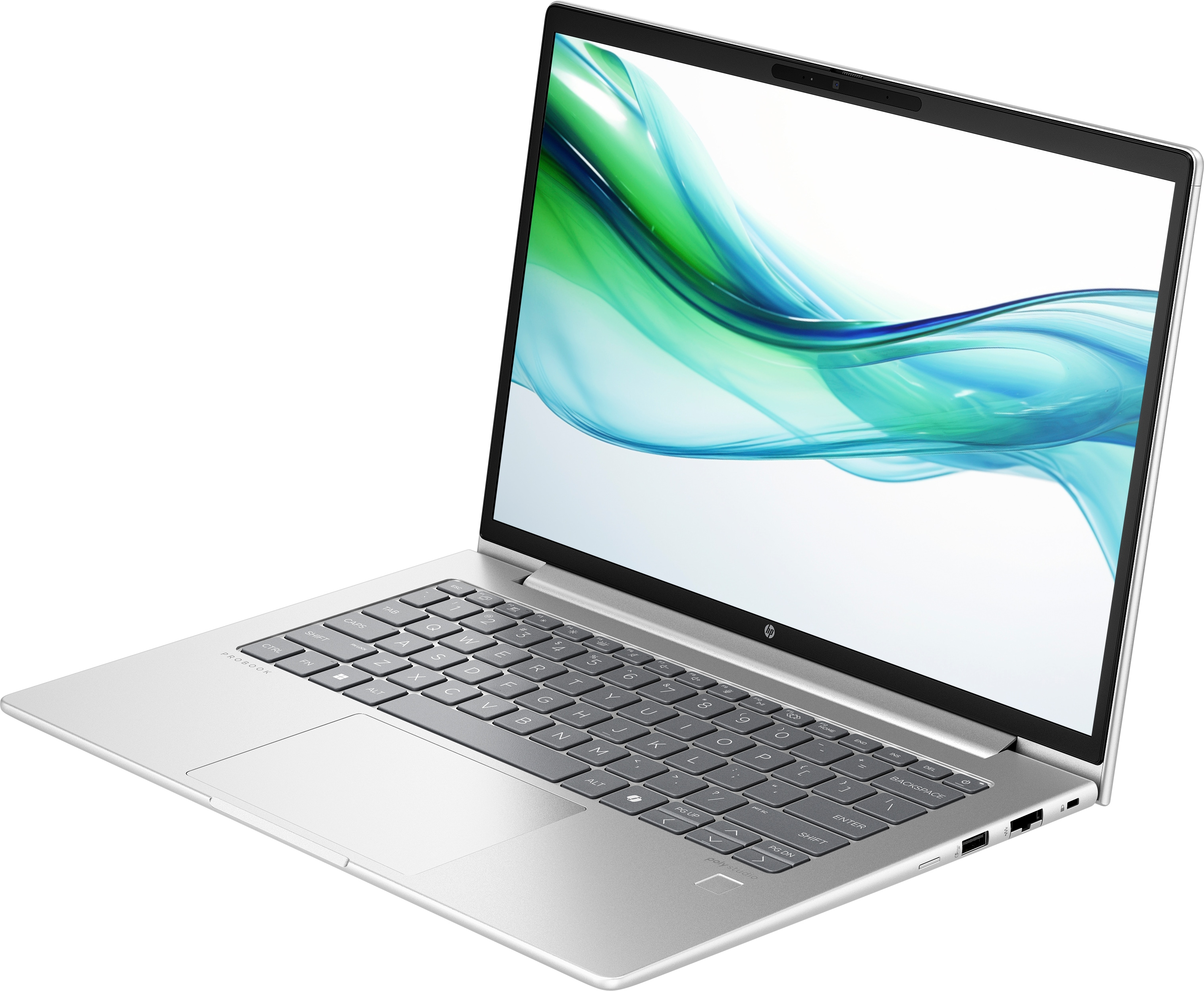 Silberner Laptop, geöffnet, mit grün-blauem, abstraktem Design. Weißer Hintergrund.
