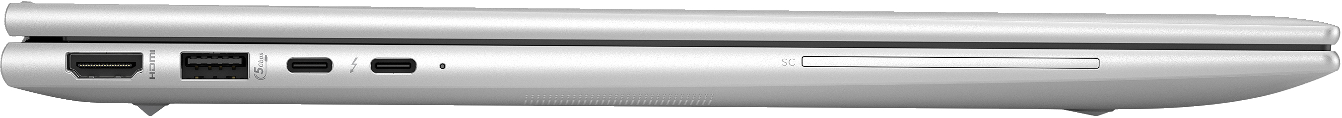 Seitenansicht eines silbernen Laptops mit Anschlüssen.